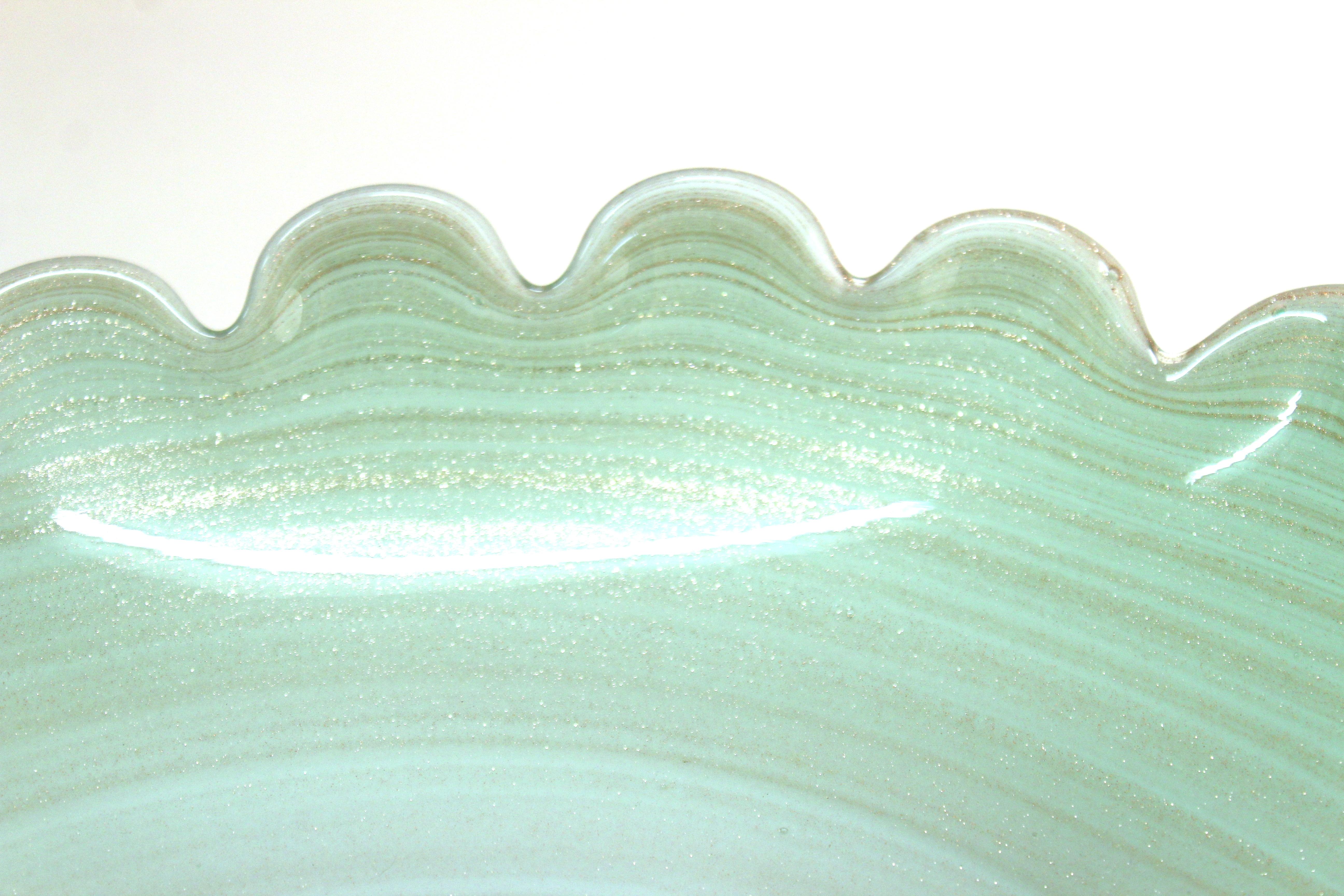 Italian Murano Art Glass Swirl Bowl in Green and Cream with Gold Dust 8