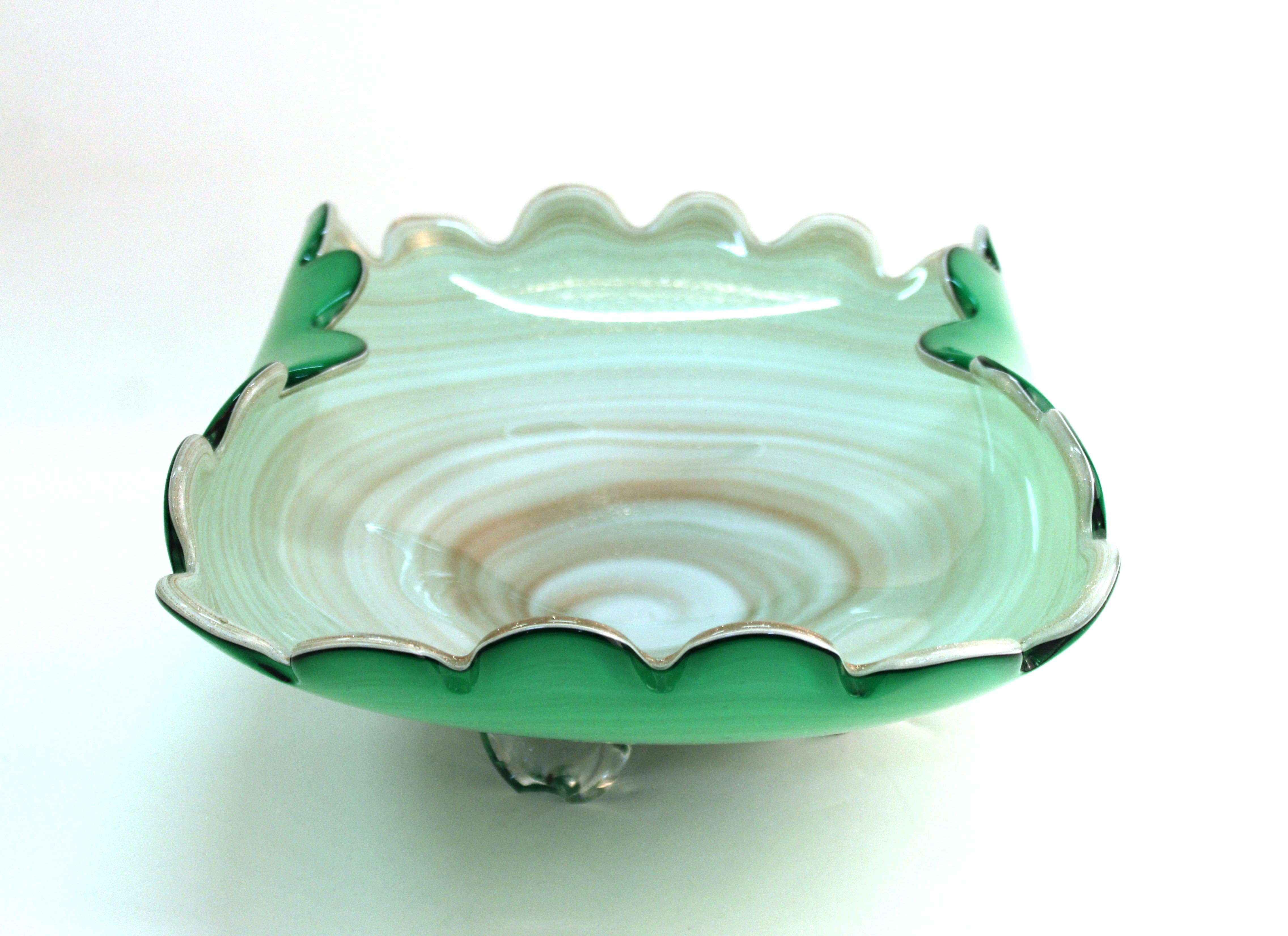 Mid-Century Modern Italian Murano Art Glass Swirl Bowl in Green and Cream with Gold Dust