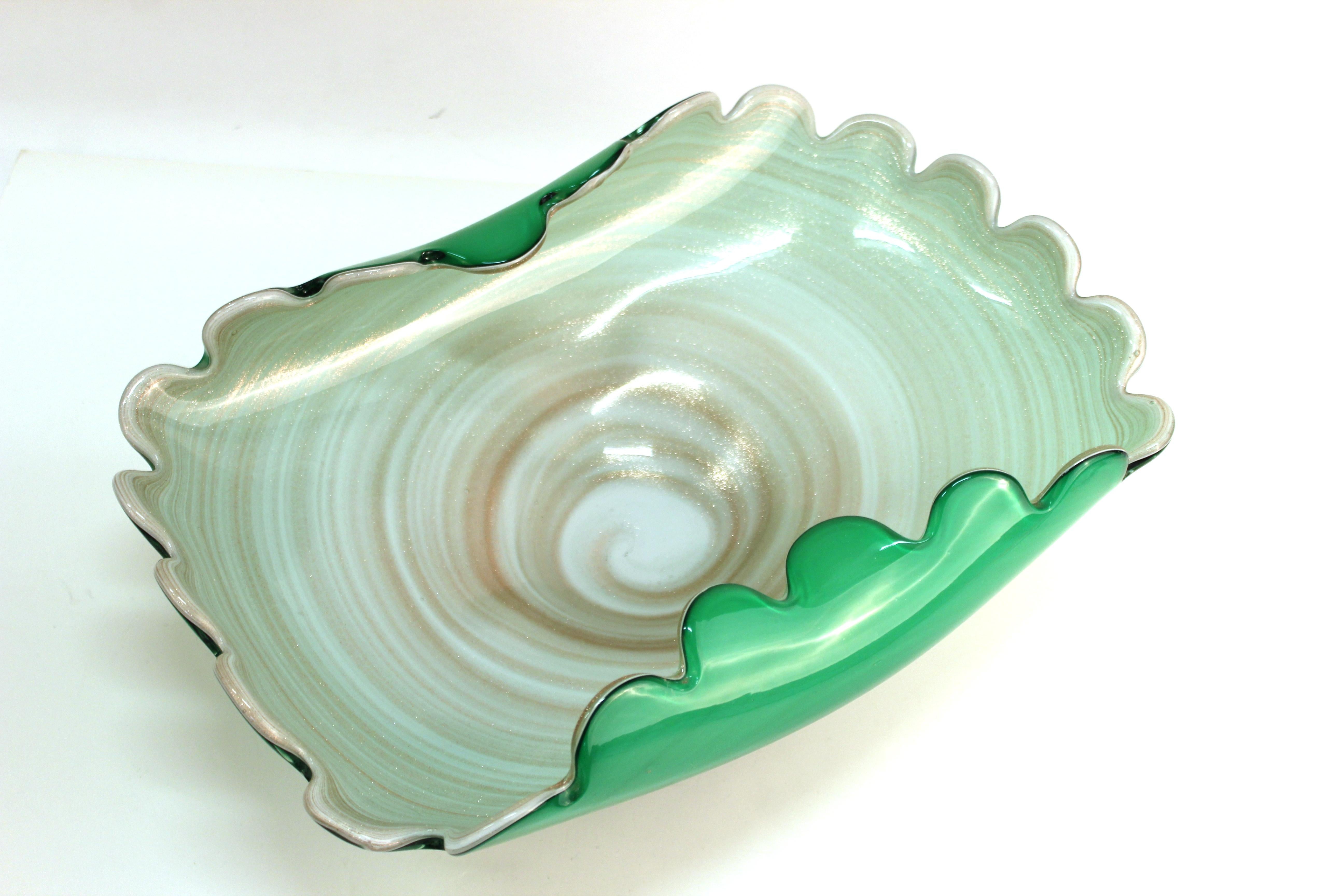 20th Century Italian Murano Art Glass Swirl Bowl in Green and Cream with Gold Dust