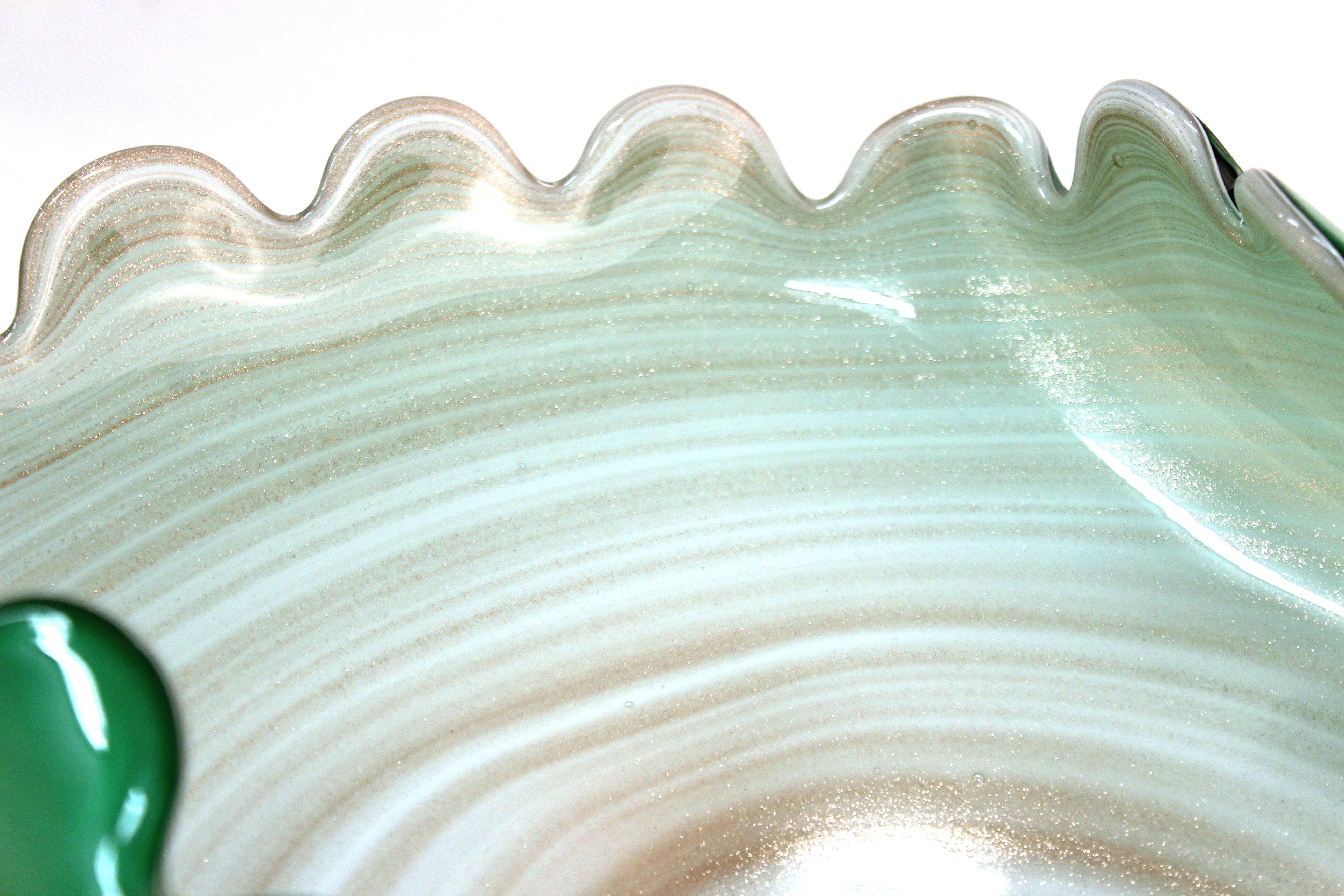 Italian Murano Art Glass Swirl Bowl in Green and Cream with Gold Dust 1
