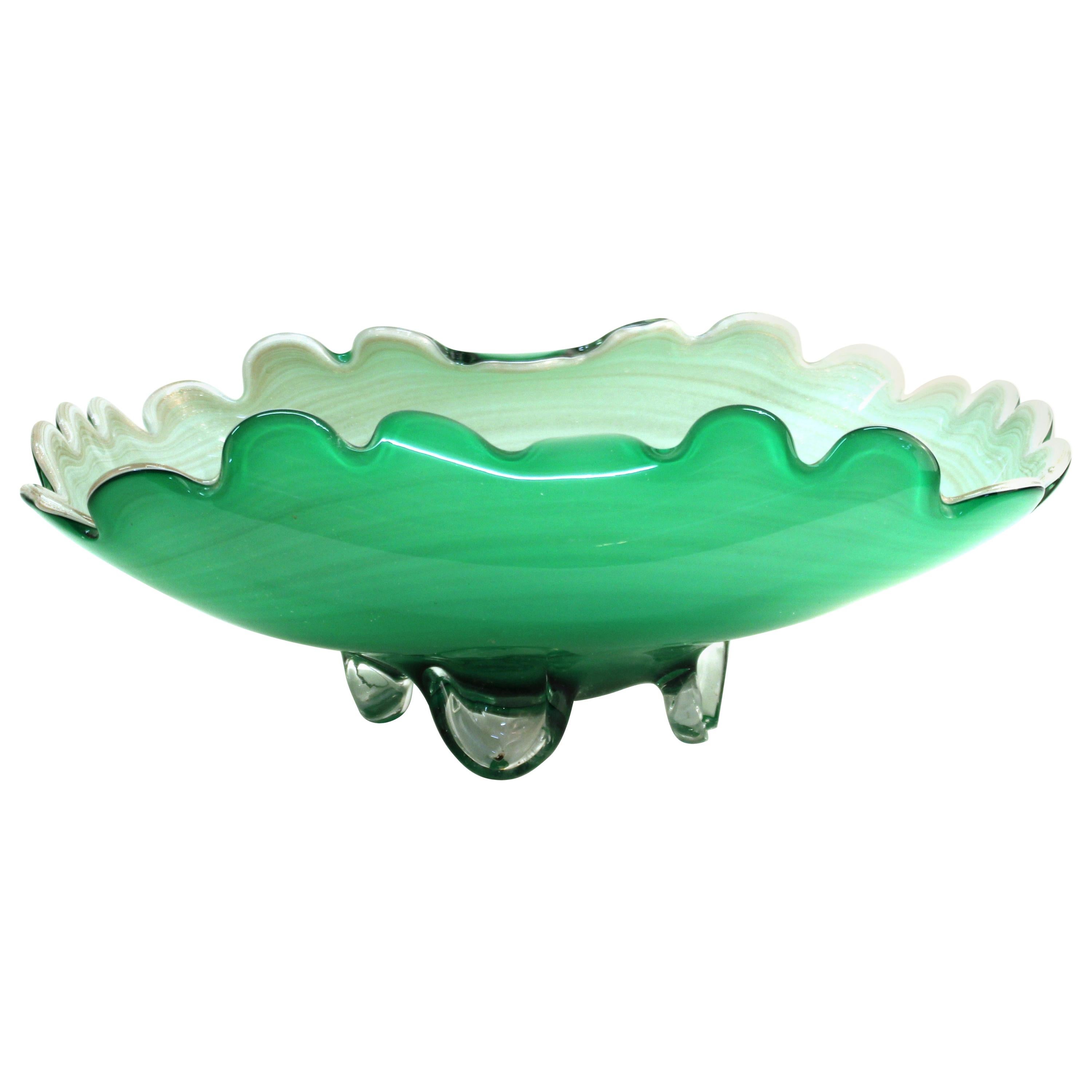 Italian Murano Art Glass Swirl Bowl in Green and Cream with Gold Dust