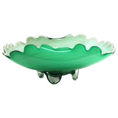 Vintage Italian Murano Art Glass Swirl Bowl in Green and Cream with Gold Dust