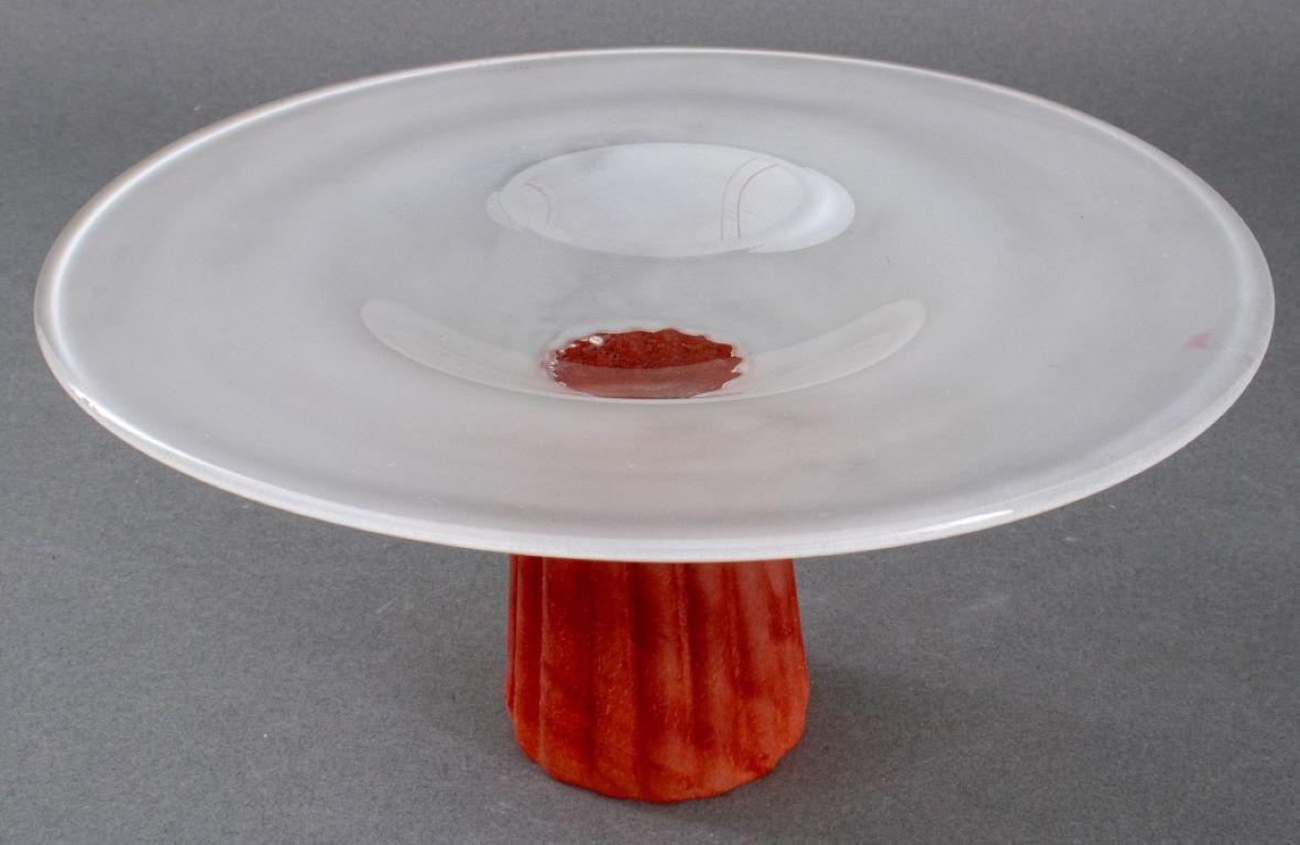 Italian Murano art glass tazza or compote, the ribbed columnar base in frosted amber-tone glass and surmounted by a frosted opaque white glass dish, possibly Seguso. 

Dealer: S138XX