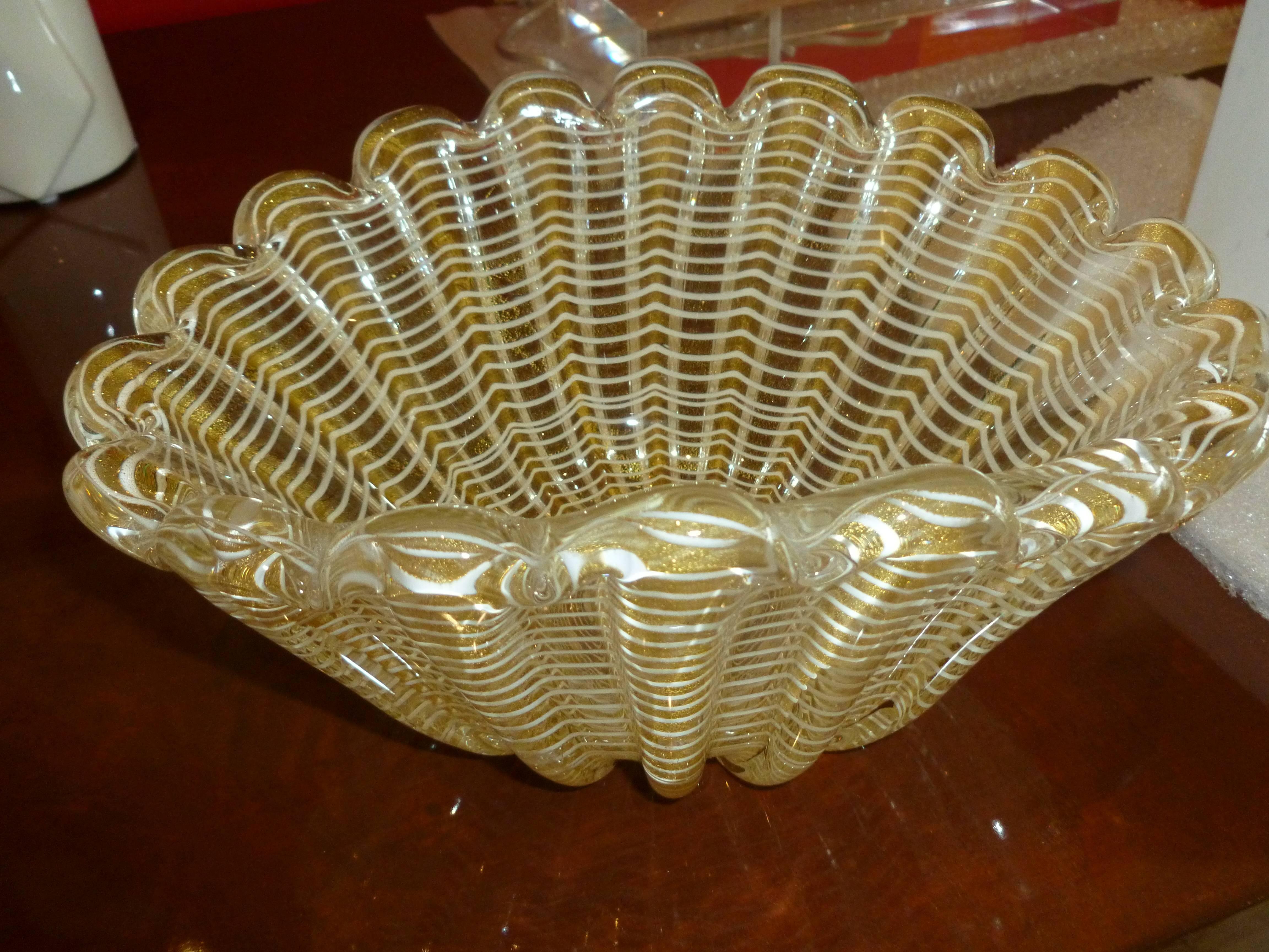 Cuenco festoneado de Murano italiano Barovier e Toso Vidrio de Aventurina dorado Telaraña 3