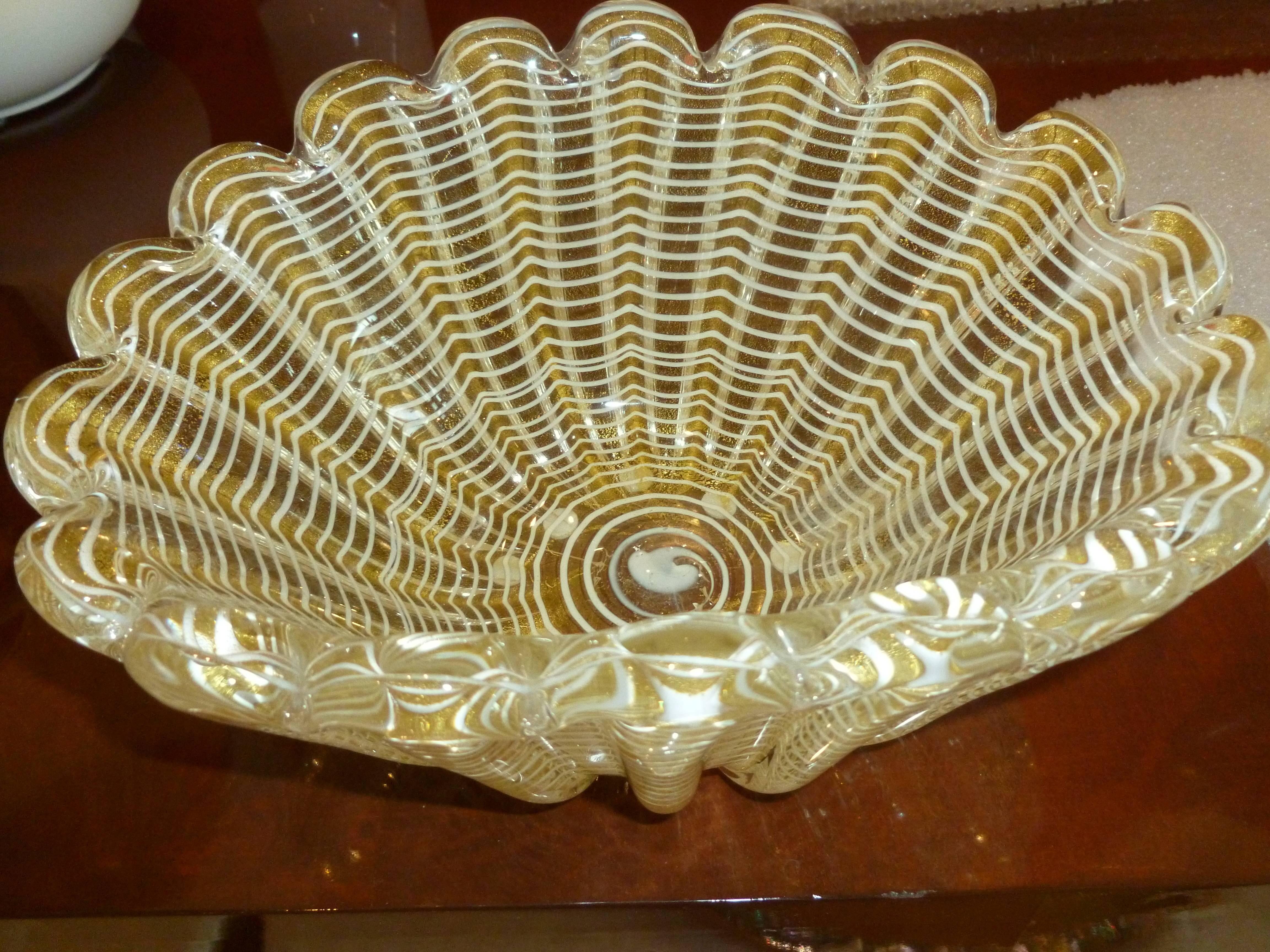 Cuenco festoneado de Murano italiano Barovier e Toso Vidrio de Aventurina dorado Telaraña 9