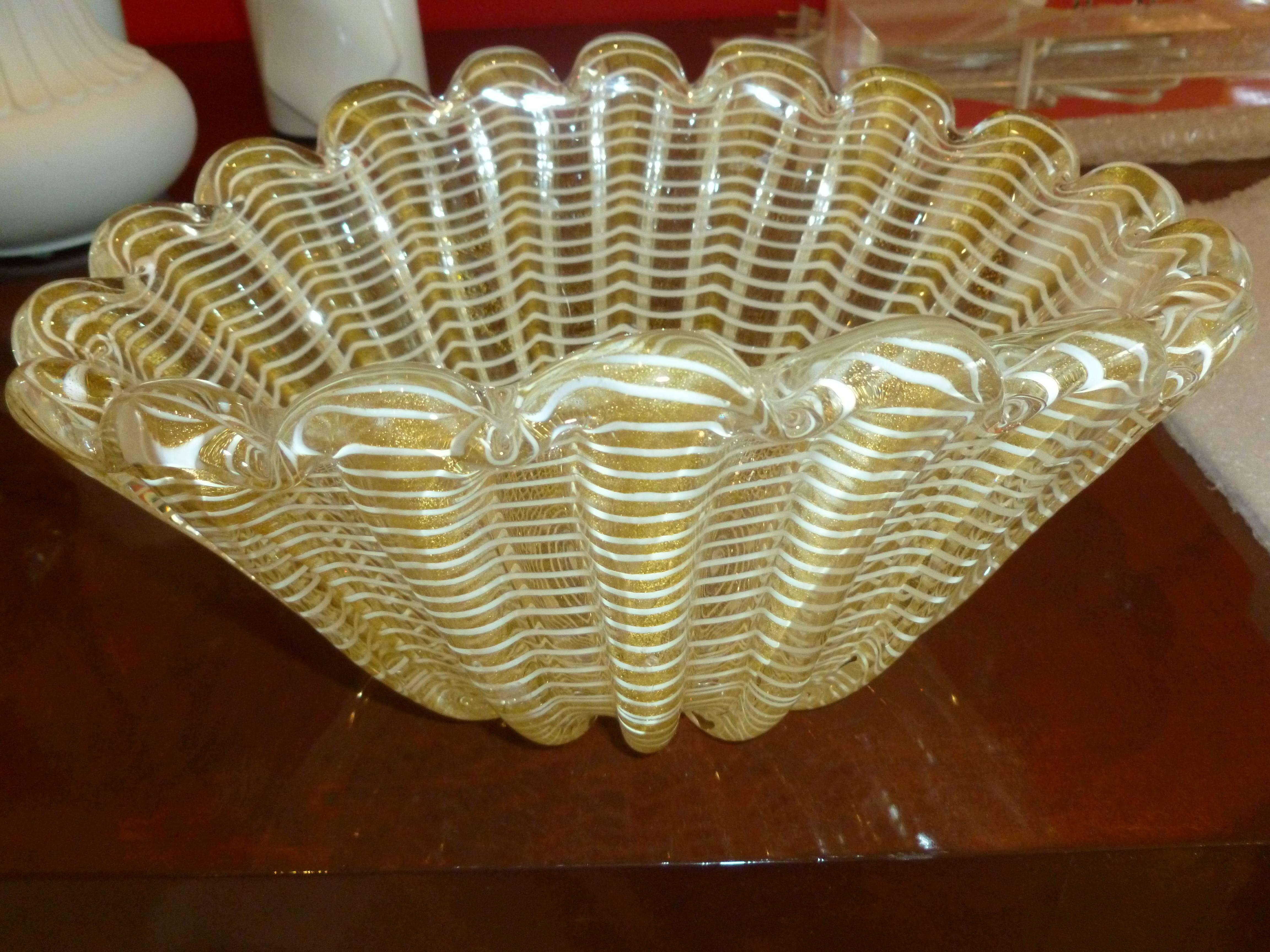 Cuenco festoneado de Murano italiano Barovier e Toso Vidrio de Aventurina dorado Telaraña 10