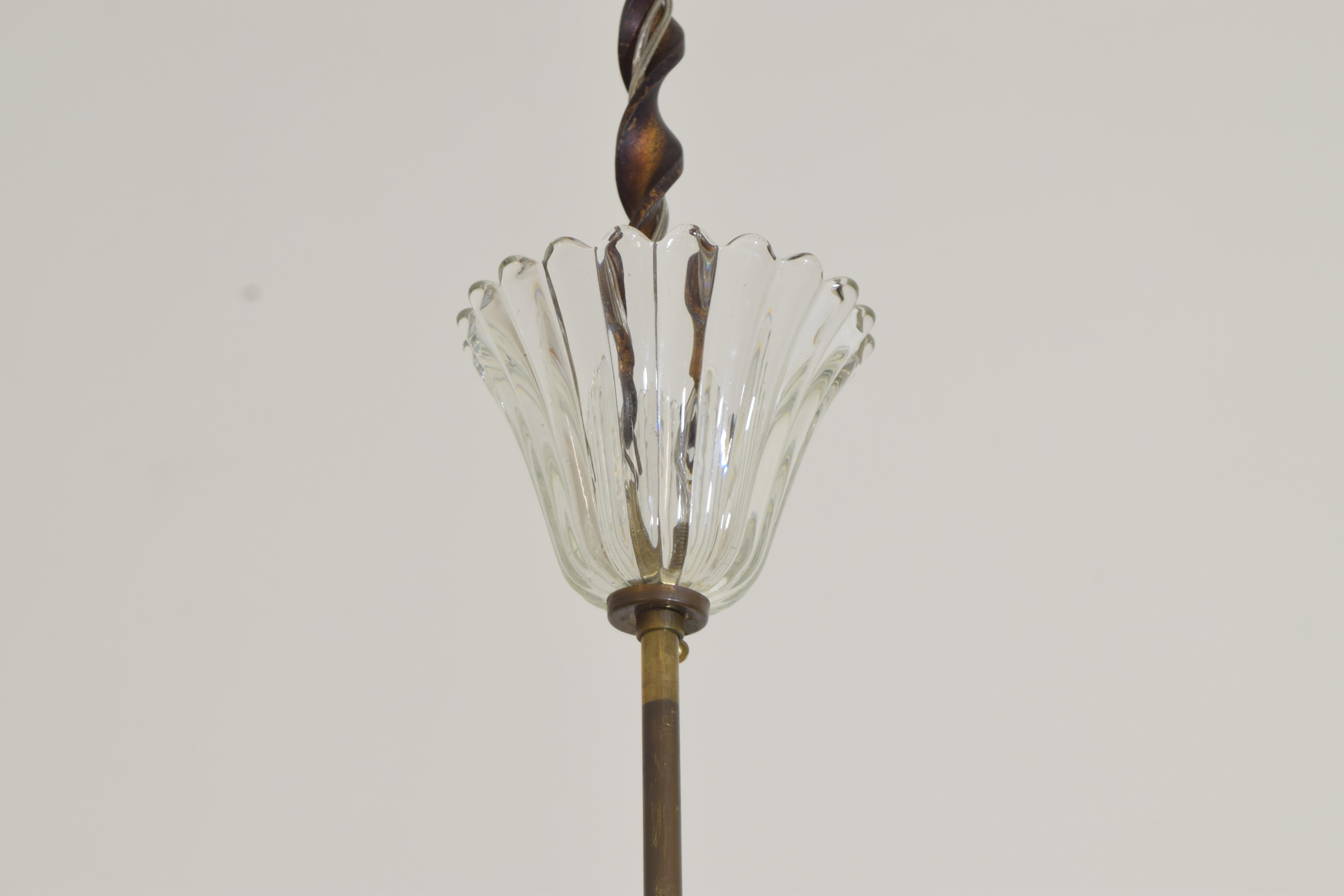 Italian, Murano, Blown & Cast Glass & Brass 2-Light Chandelier, mid 20th century In Good Condition For Sale In Atlanta, GA