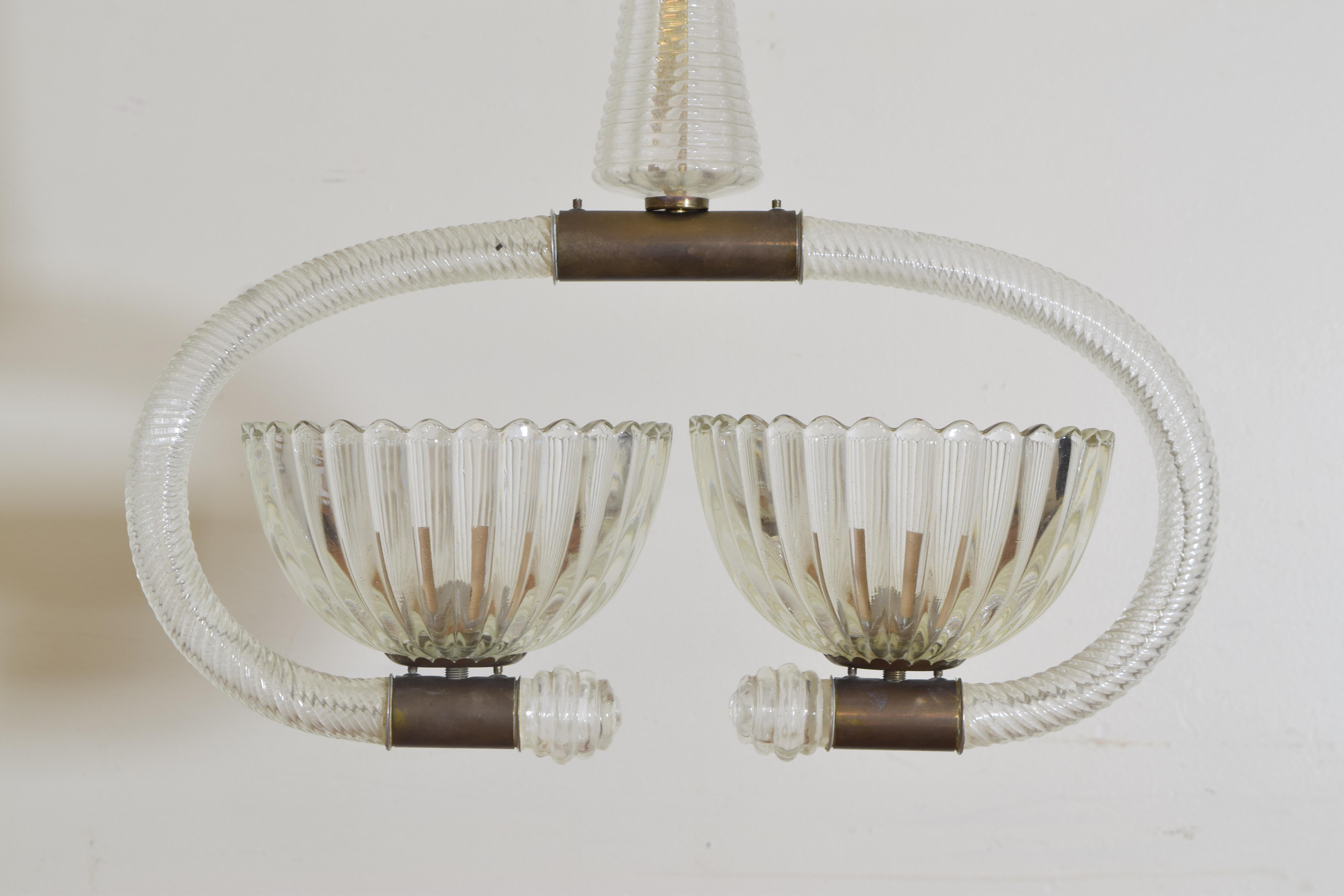 Murano Glass Italian, Murano, Blown & Cast Glass & Brass 2-Light Chandelier, mid 20th century For Sale