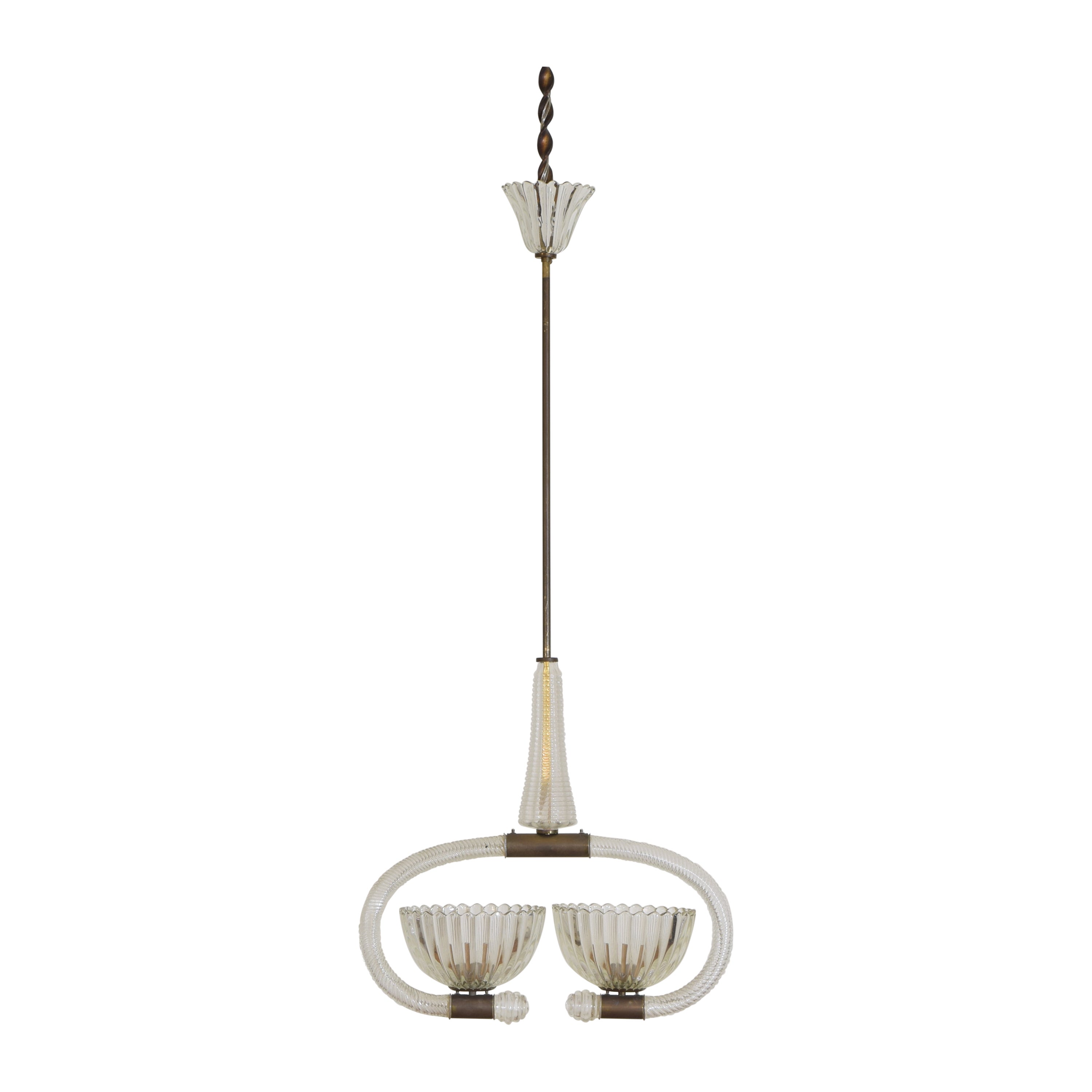 Italian, Murano, Blown & Cast Glass & Brass 2-Light Chandelier, mid 20th century For Sale