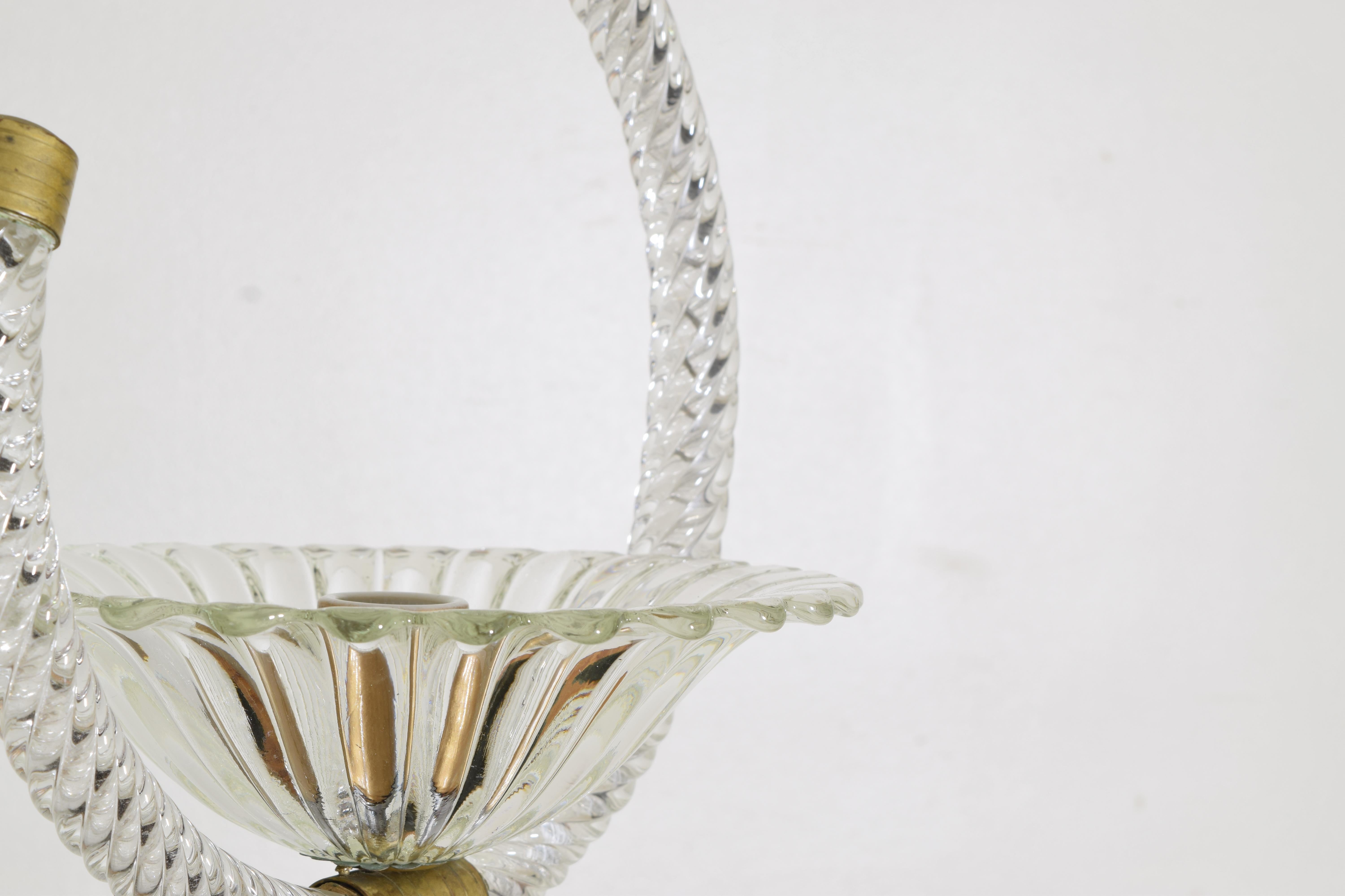 Italienische, Murano-, geblasenes Glas, C-Form, 1-Licht-Hängelampe, 1. Hälfte des 20. Jahrhunderts, UL- verdrahtet im Angebot 1