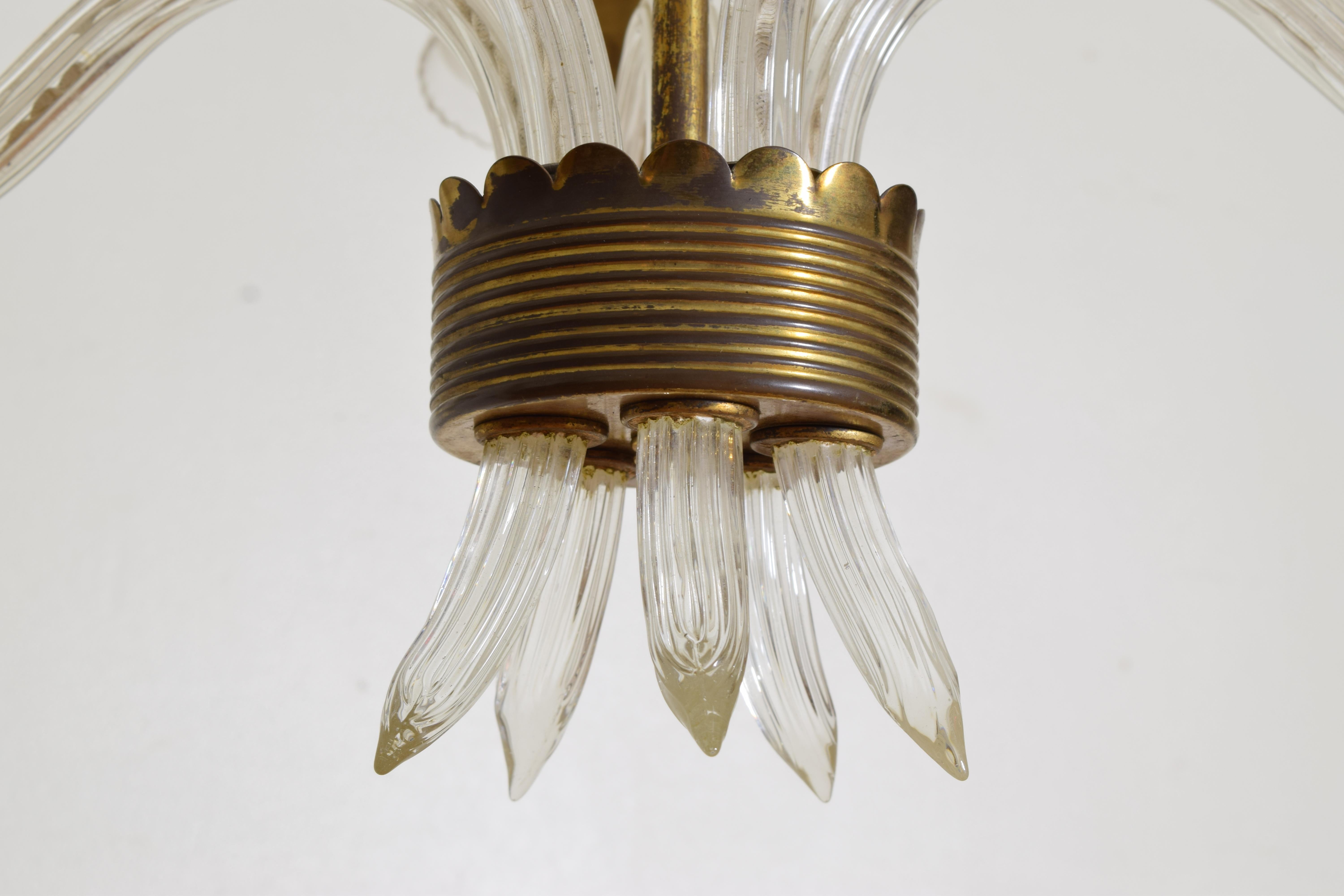 Italian, Murano, Blown Glass & Brass 5-Light Chandelier, mid 20th century 2