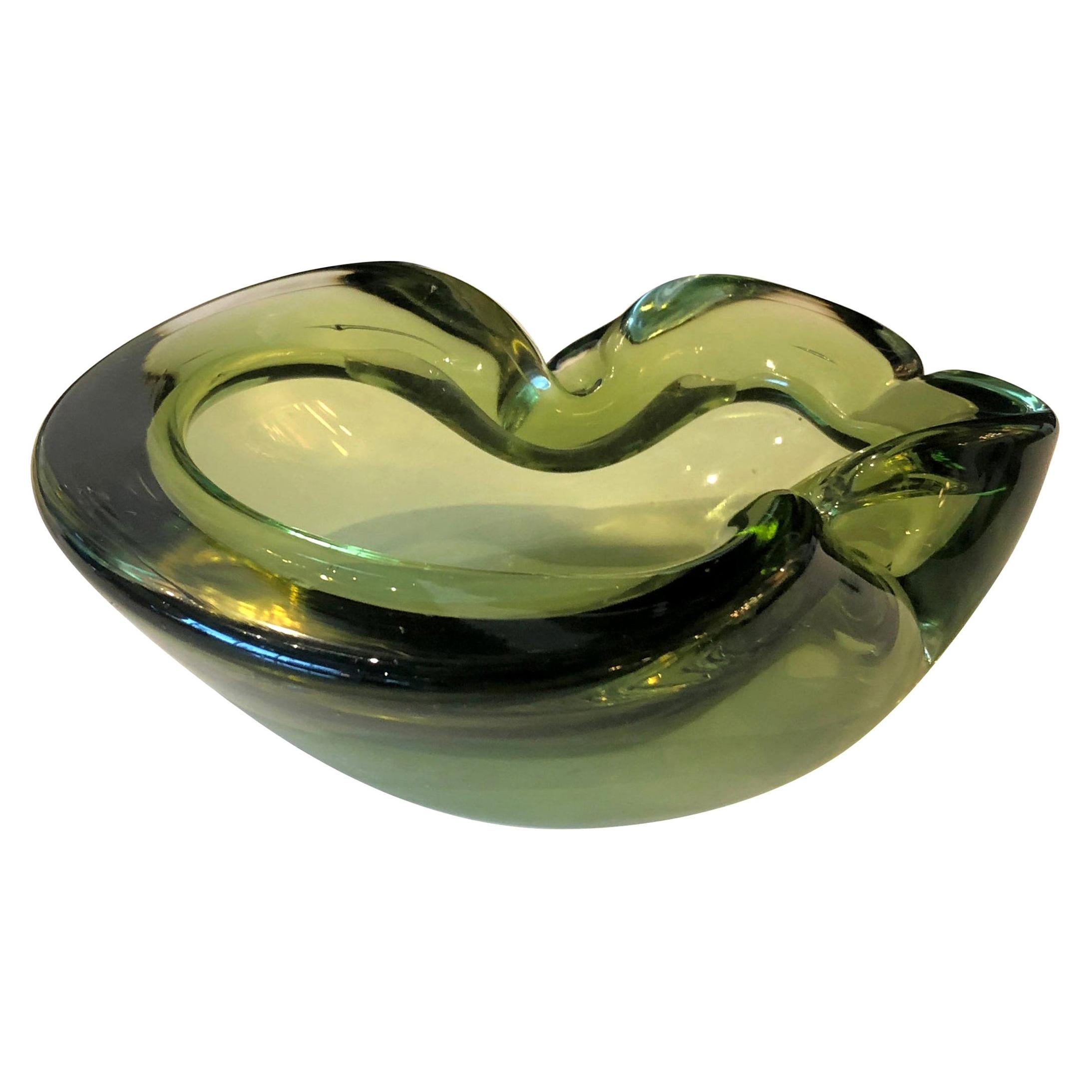 Italian Murano Blown Glass Peridot Green Ashtray / Candy Bowl / Bowl For Sale