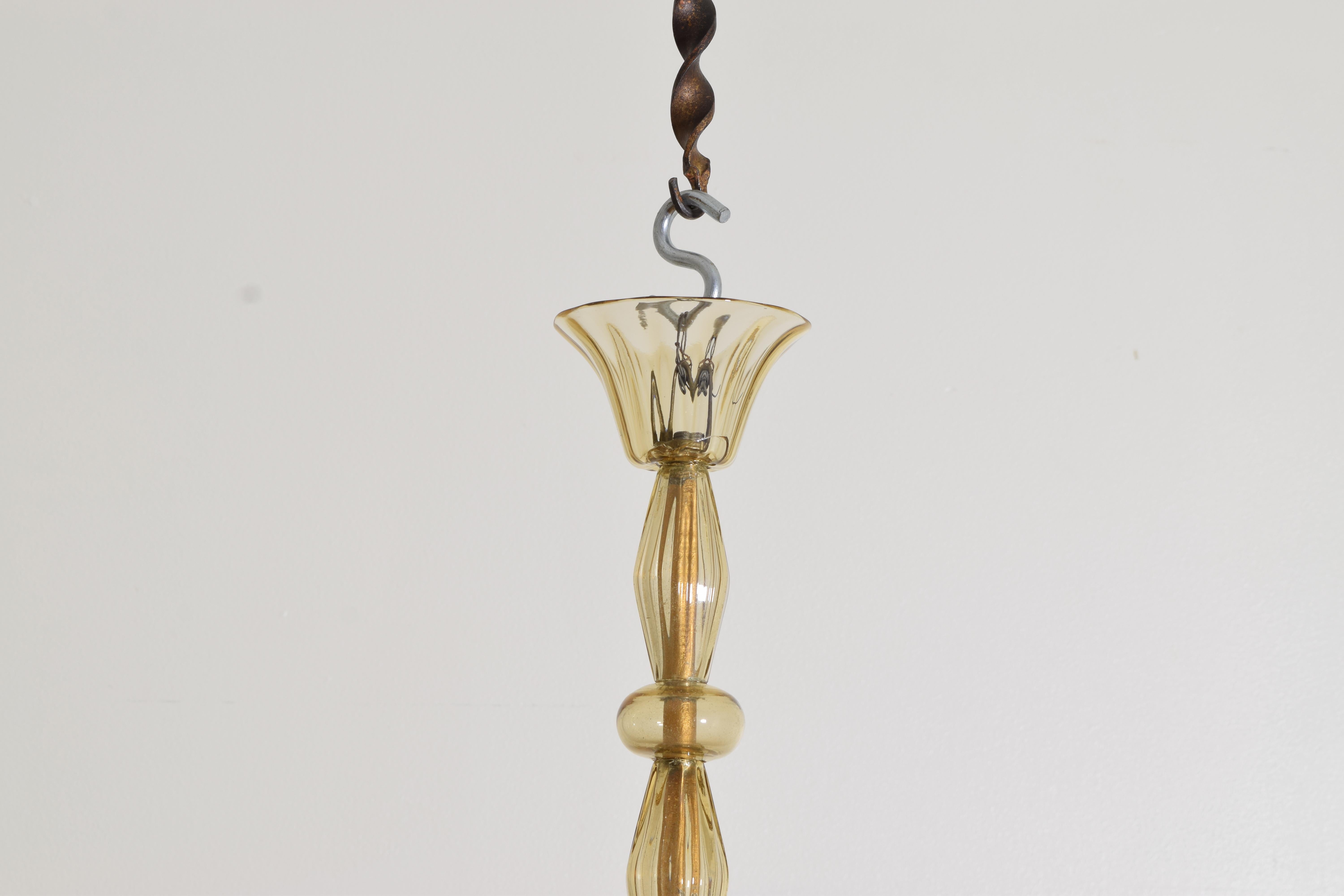 Italian, Murano, Blown Glass Tall 3-Light Chandelier, ca. 1950 In Good Condition For Sale In Atlanta, GA