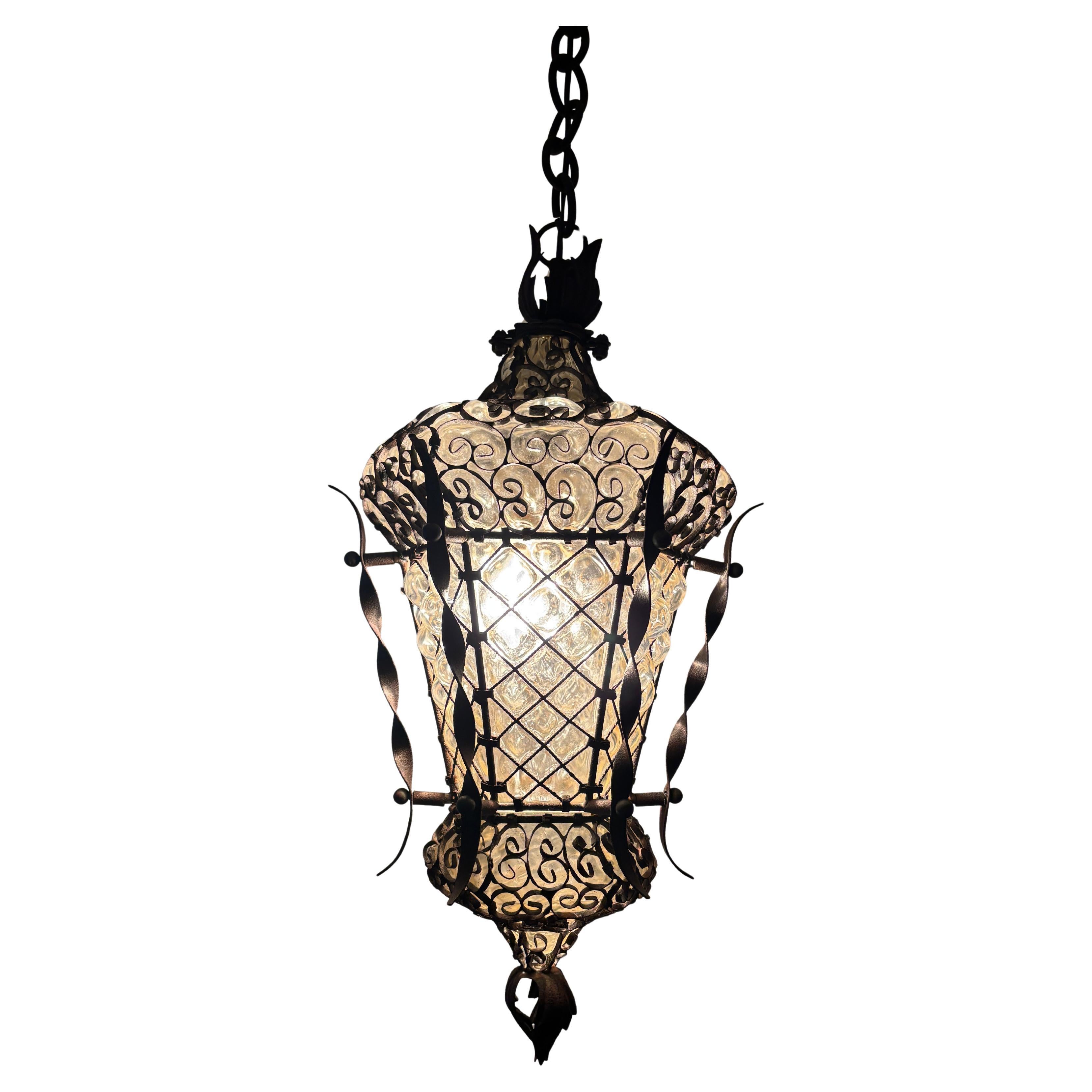 Italian Murano Blown Glass Wrought Iron Lantern Chandelier Rare c 1900
