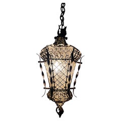 Antique Italian Murano Blown Glass Wrought Iron Lantern Chandelier Rare c 1900