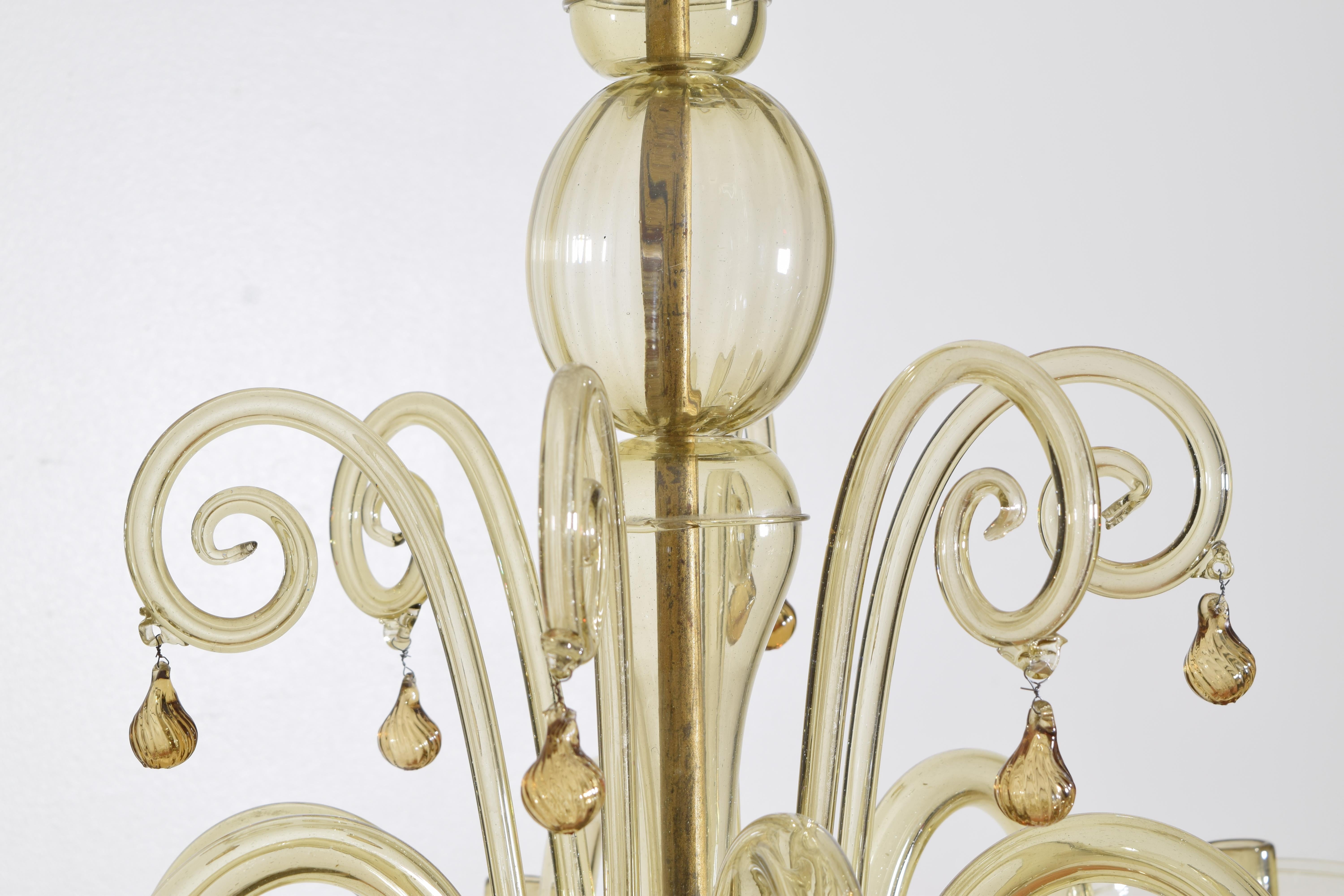 Blown Glass Italian, Murano, Blown Subtly Colored Glass 6-Light Chandelier, ca. 1960 For Sale