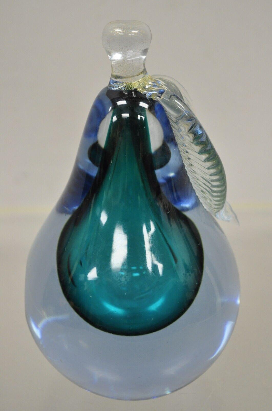 Italian Murano Blue Blown Art Glass Pear Fruit Gold Flecks Leaf Paperweight In Good Condition For Sale In Philadelphia, PA