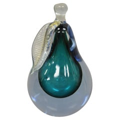 Italian Murano Blue Blown Art Glass Pear Fruit Gold Flecks Leaf Paperweight