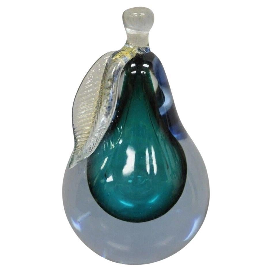 Italian Murano Blue 7" Blown Art Glass Pear Fruit Gold Flecks Leaf Paperweight For Sale