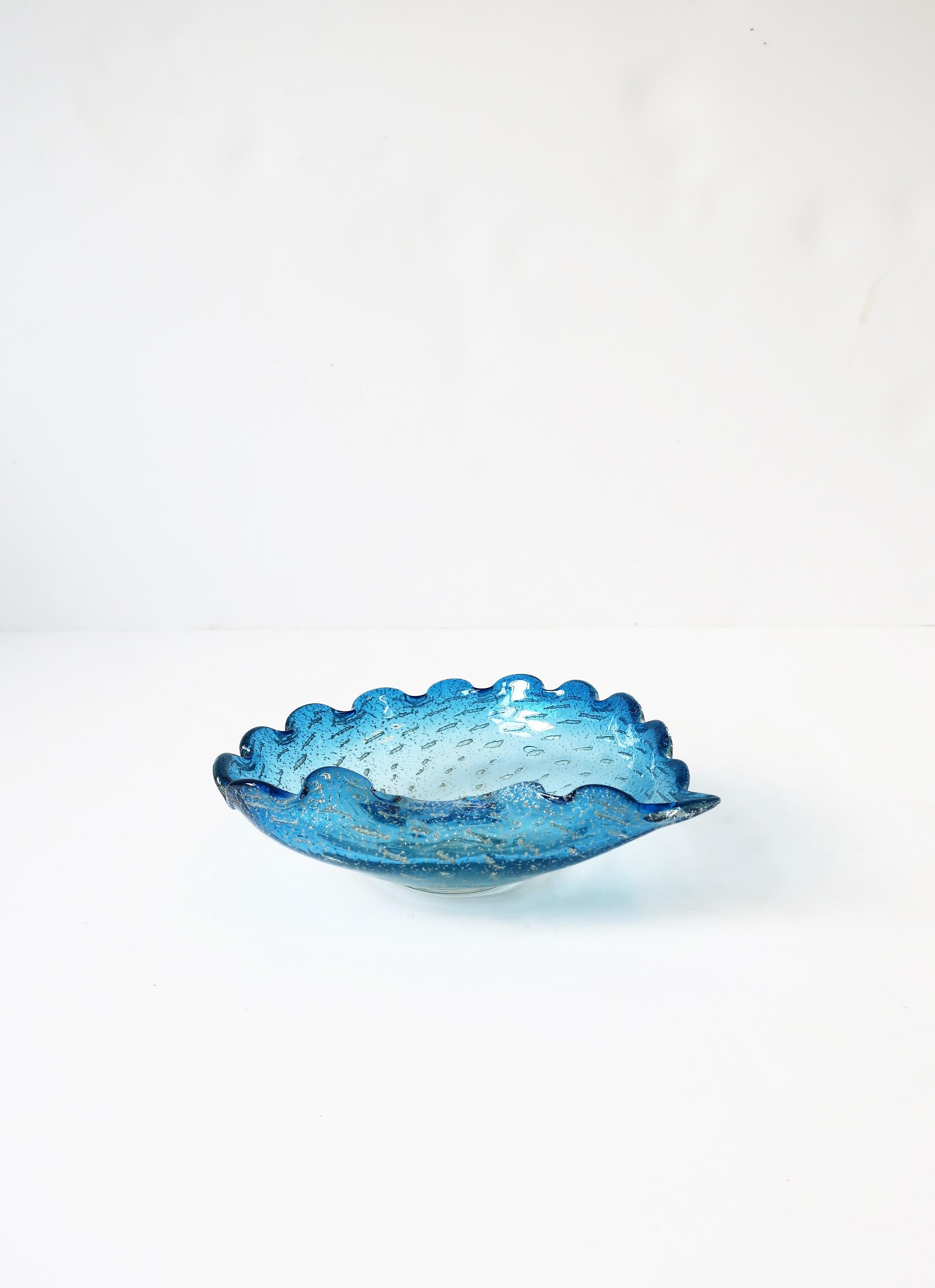 Italian Murano Blue and Silver Art Glass Bowl with Scallop Edge For Sale 3