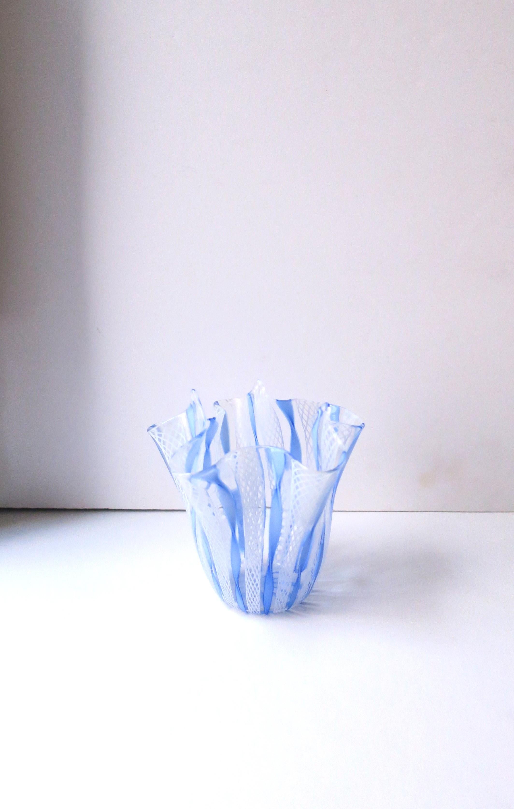 Hand-Crafted Italian Murano Blue and White Handkerchief Vase after Venini For Sale