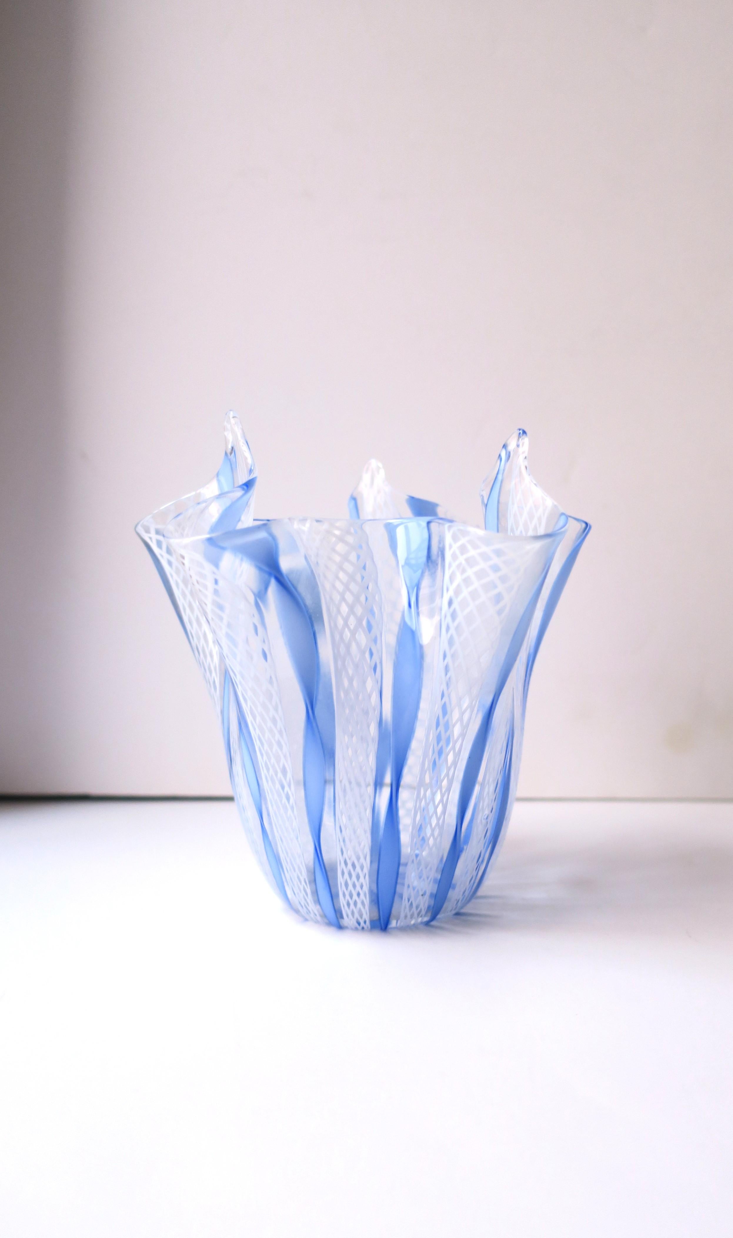 Italian Murano Blue and White Handkerchief Vase after Venini In Excellent Condition For Sale In New York, NY