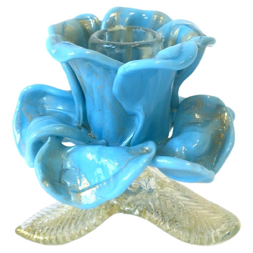 Italian Murano Blue Art Glass Flower Candlestick Holder, circa 1960s For Sale