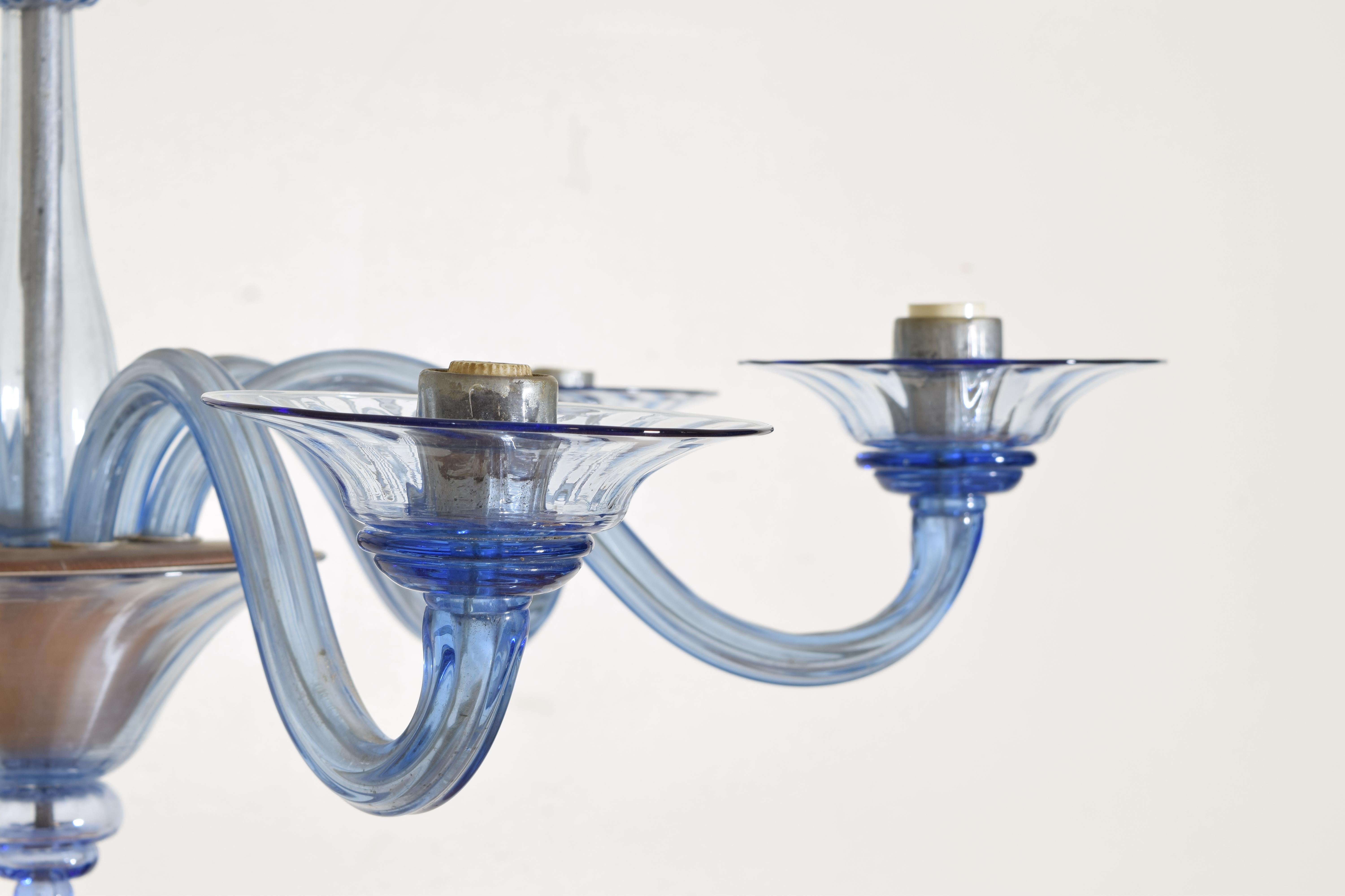 20th Century Italian, Murano, Blue Glass 6-Light Chandelier, early 20th century For Sale