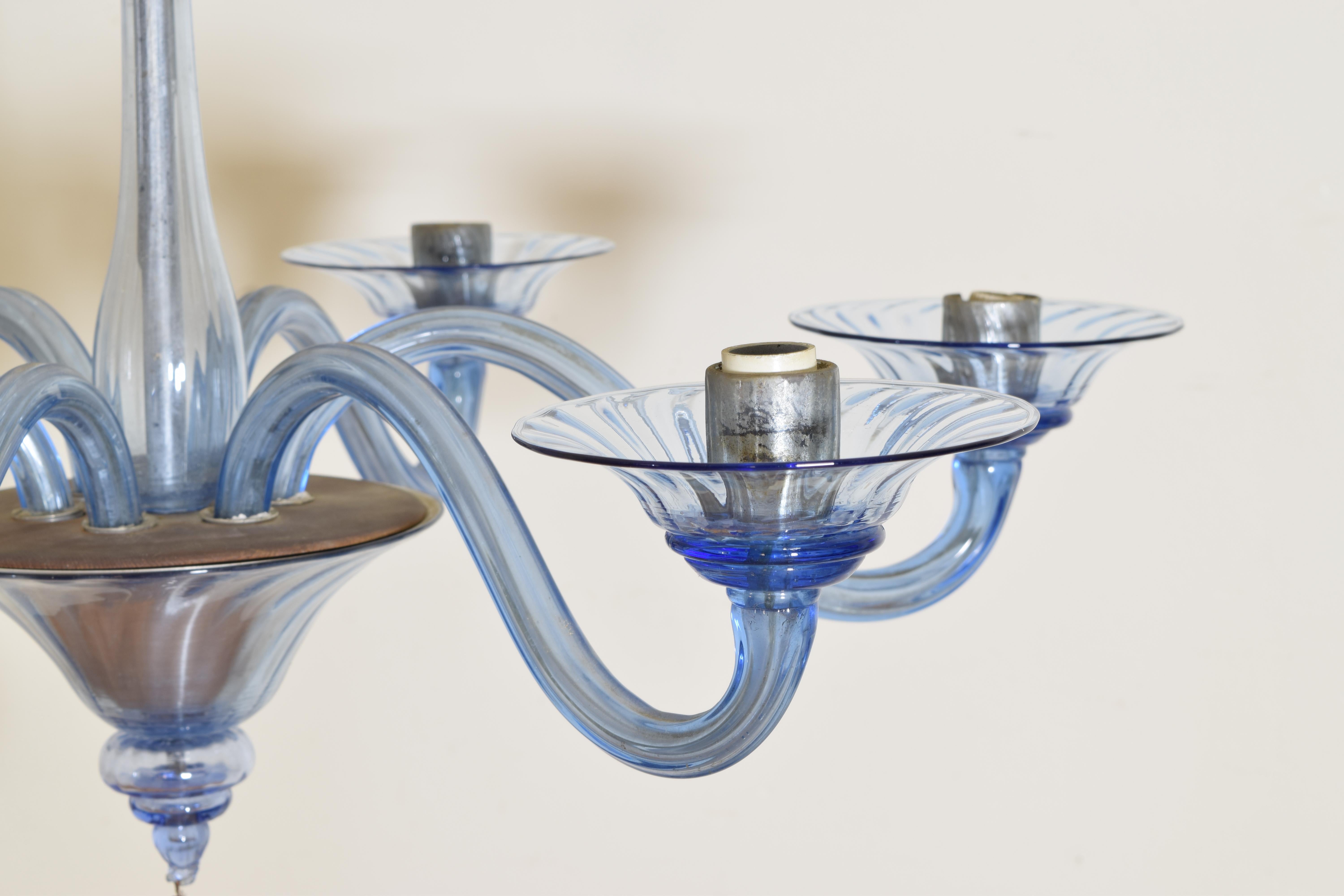 Blown Glass Italian, Murano, Blue Glass 6-Light Chandelier, early 20th century For Sale