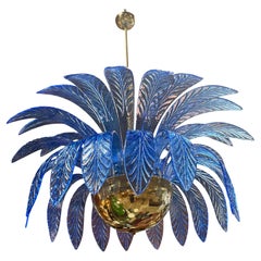 Italian Murano Blue Leaf Palm Chandelier with Brass Globe Base, 1970s