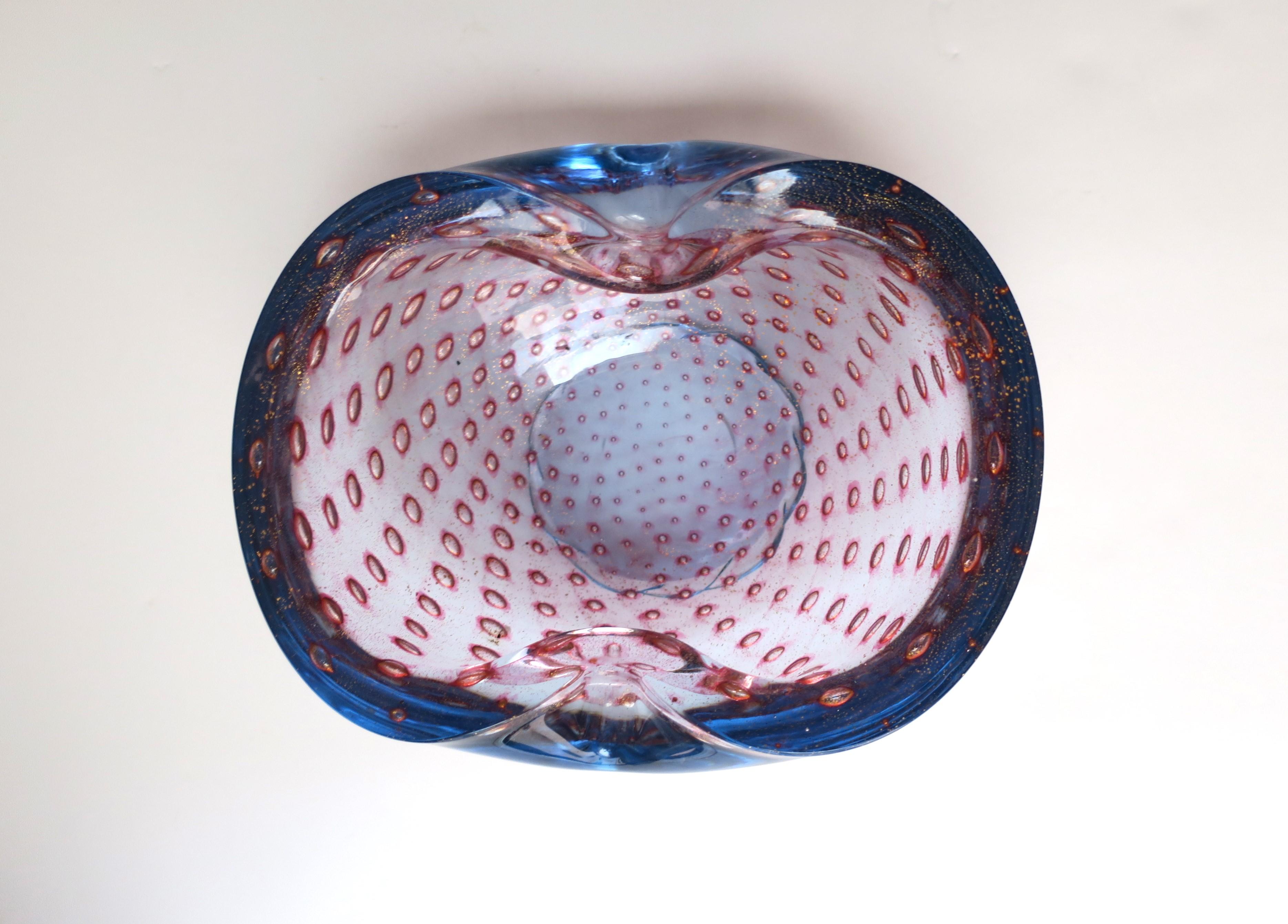 Italian Murano Blue Margenta Pink Gold Art Glass Bowl Barbini For Sale 3