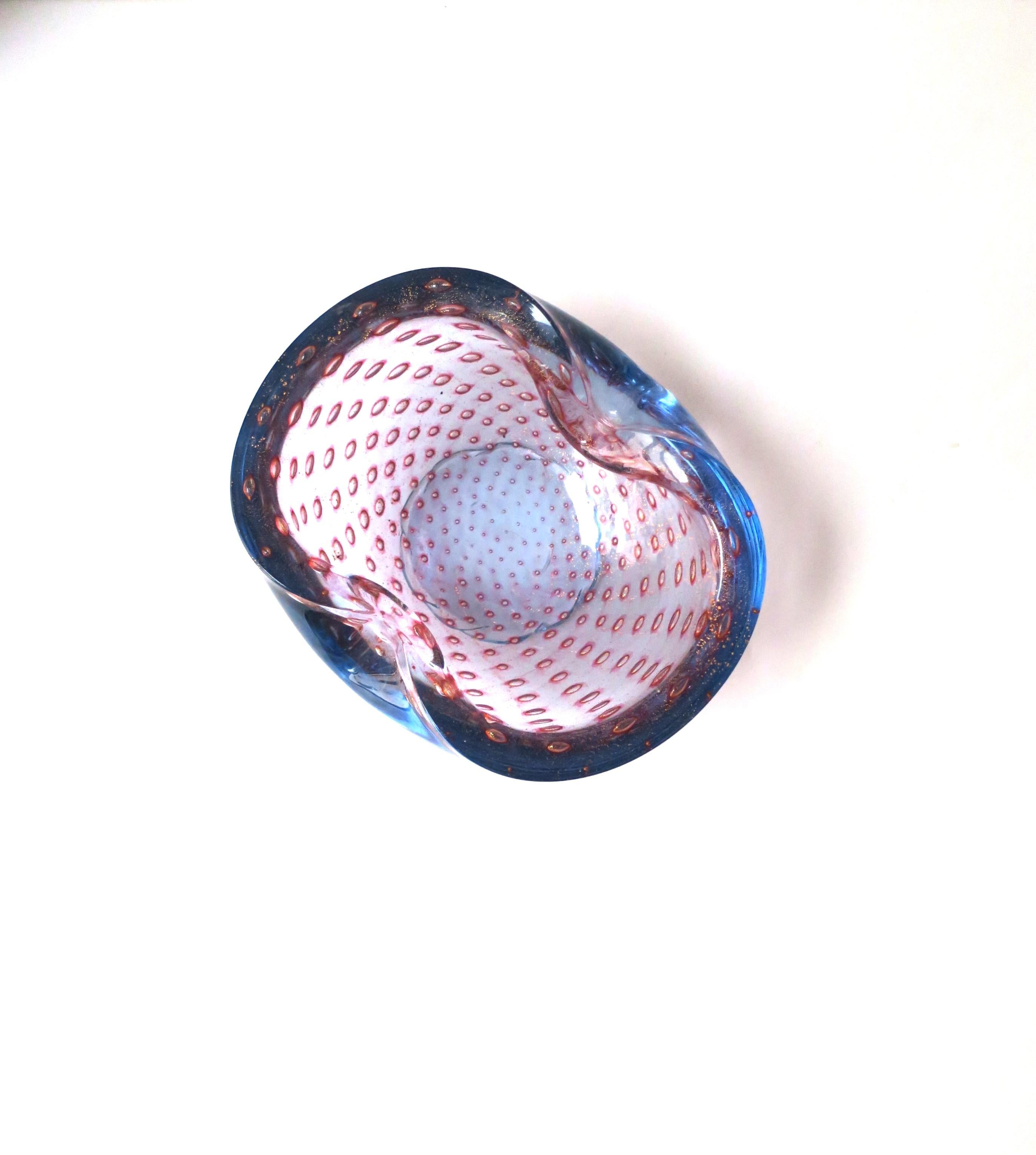 Mid-Century Modern Italian Murano Blue Margenta Pink Gold Art Glass Bowl Barbini
