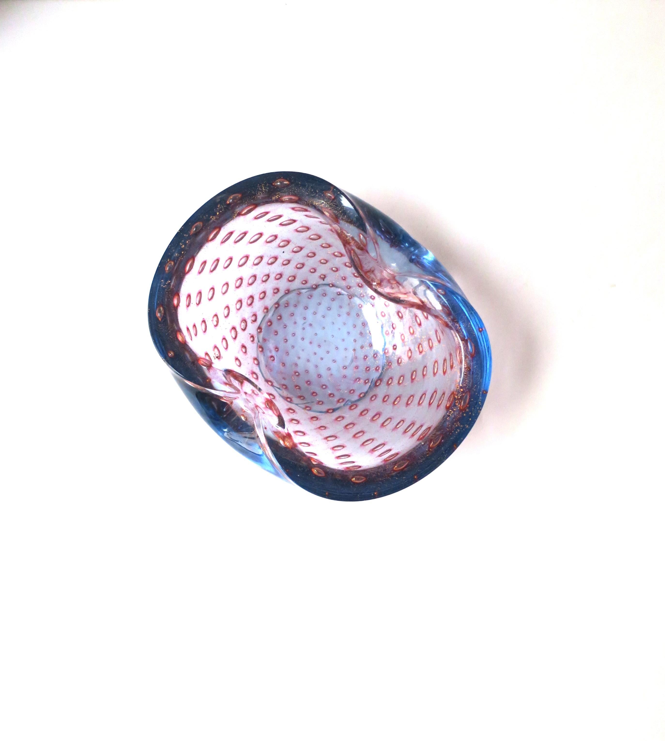 Mid-Century Modern Italian Murano Blue Margenta Pink Gold Art Glass Bowl Barbini For Sale