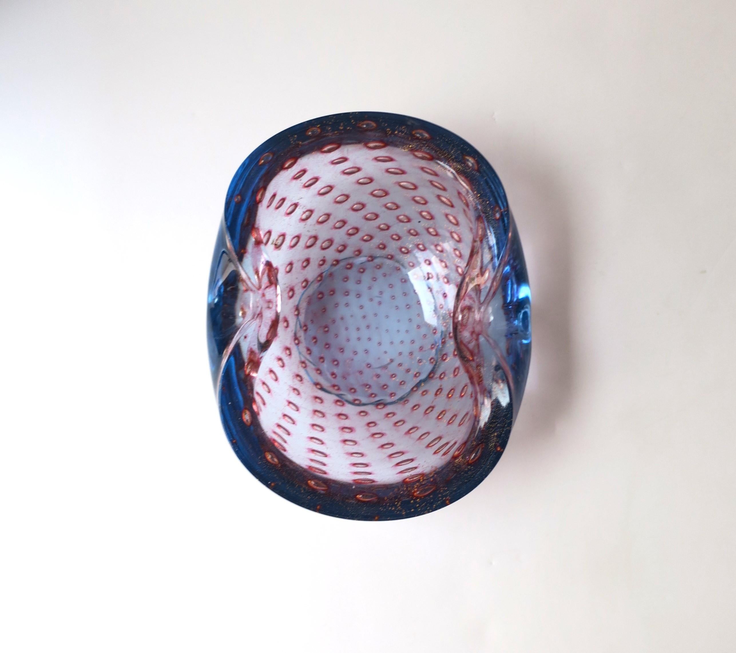 Hand-Crafted Italian Murano Blue Margenta Pink Gold Art Glass Bowl Barbini