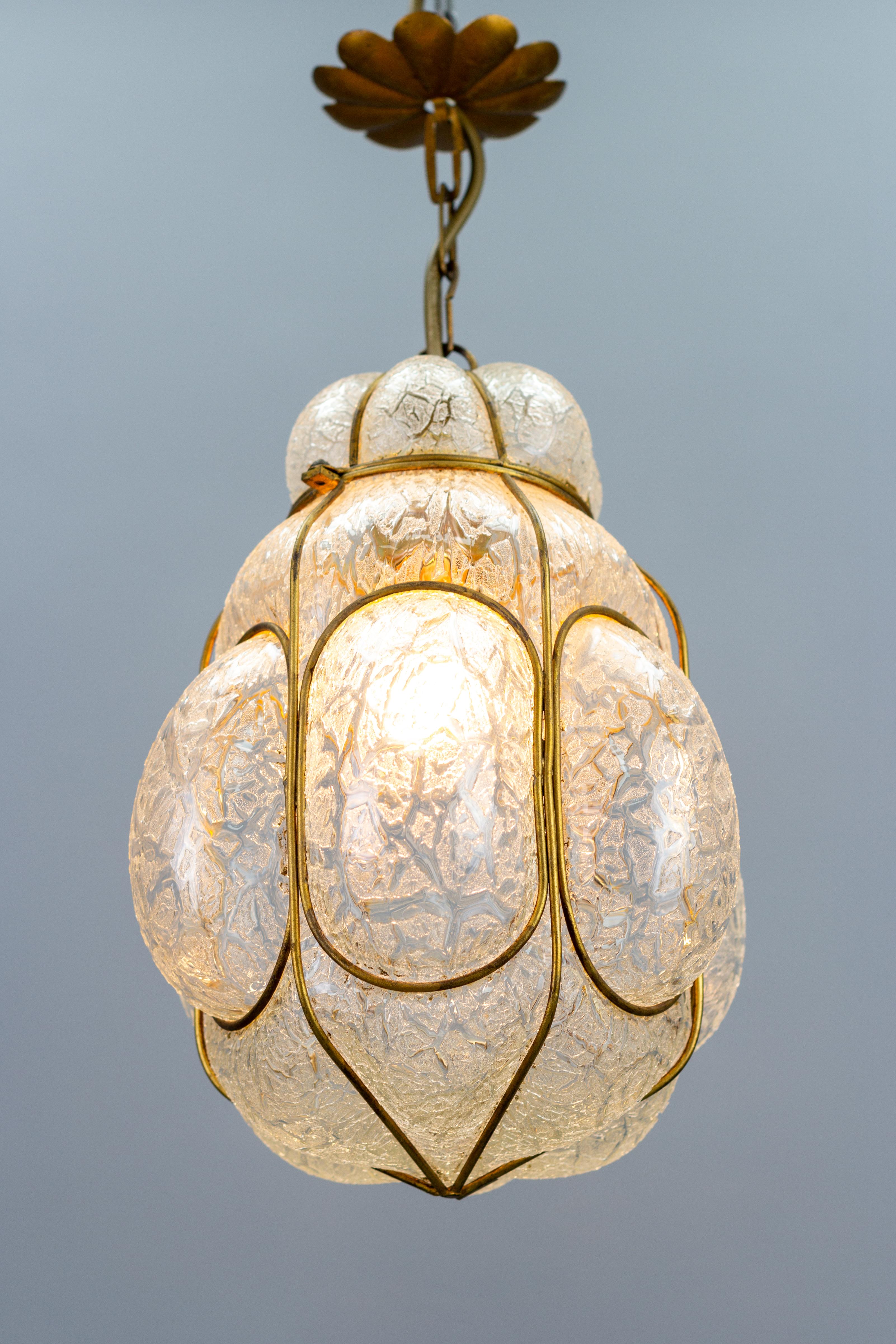 Blown Glass Italian Murano Caged Glass Pendant Light Lantern, 1960s