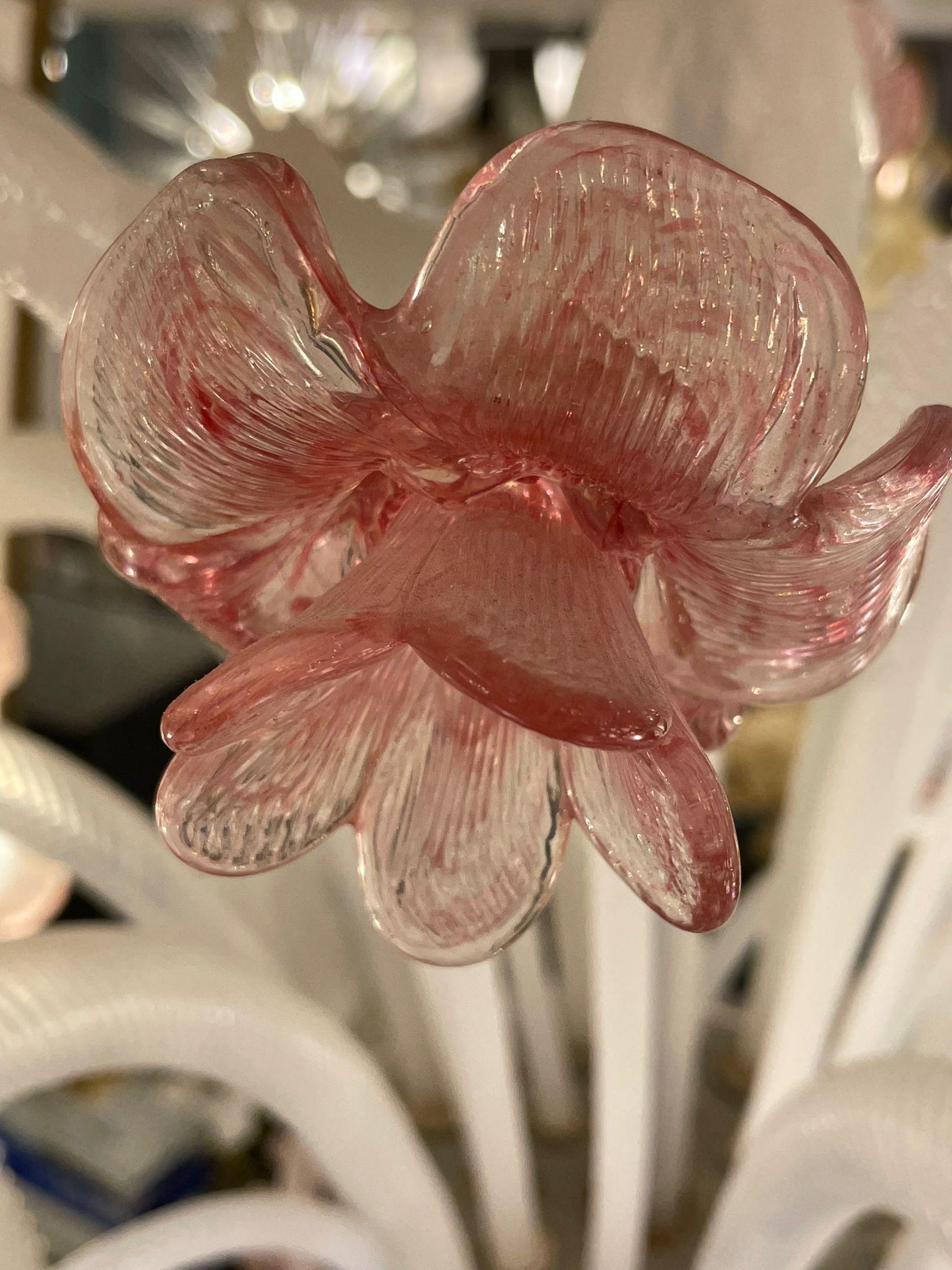Mid-20th Century Italian Murano Chandelier 8 Arms, Pink Glass Flowers and Leaves, circa 1960s For Sale