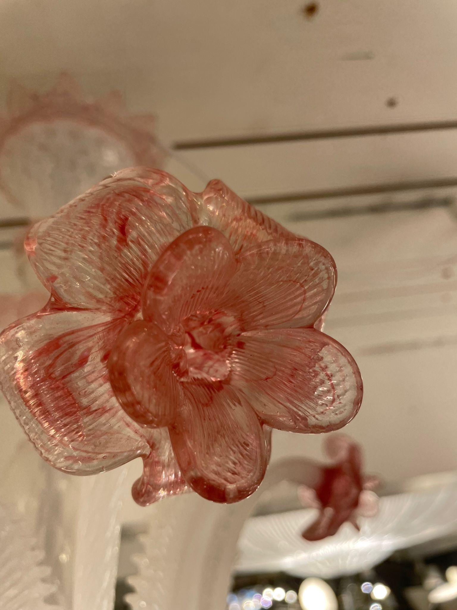 Murano Glass Italian Murano Chandelier 8 Arms, Pink Glass Flowers and Leaves, circa 1960s For Sale