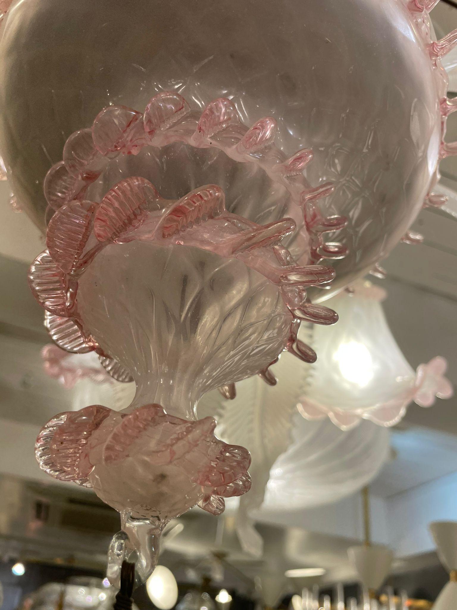 Italian Murano Chandelier 8 Arms, Pink Glass Flowers and Leaves, circa 1960s For Sale 1