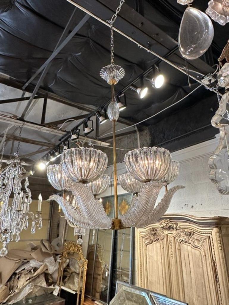 Vintage Italian Murano glass and brass 6-light chandelier after Barovier and Tose. Circa 1960. The chandelier has been professionally rewired, comes with matching chain and canopy. It is ready to hang!