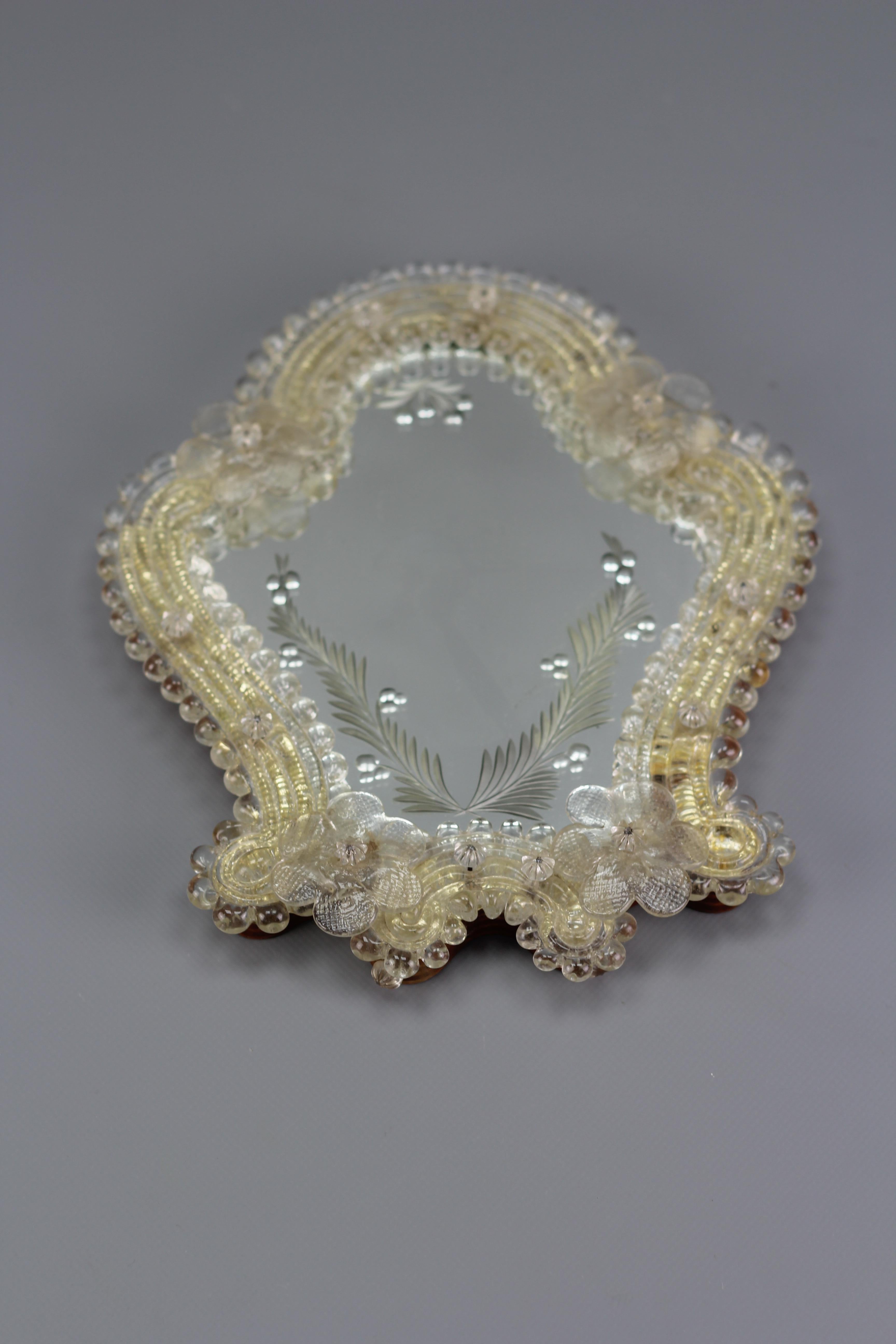 Italian Murano Clear and Light Golden Glass Etched Wall Mirror, circa 1950s For Sale 1