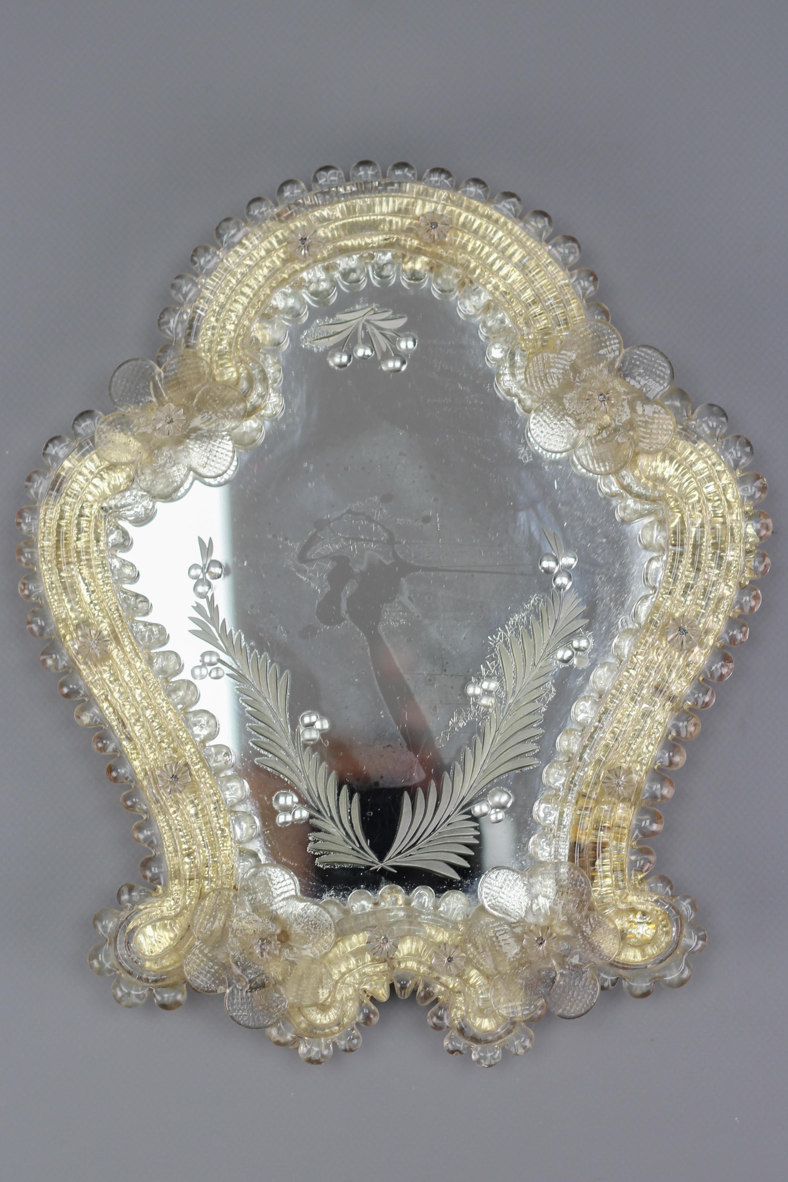 Italian Murano Clear and Light Golden Glass Etched Wall Mirror, circa 1950s For Sale 6