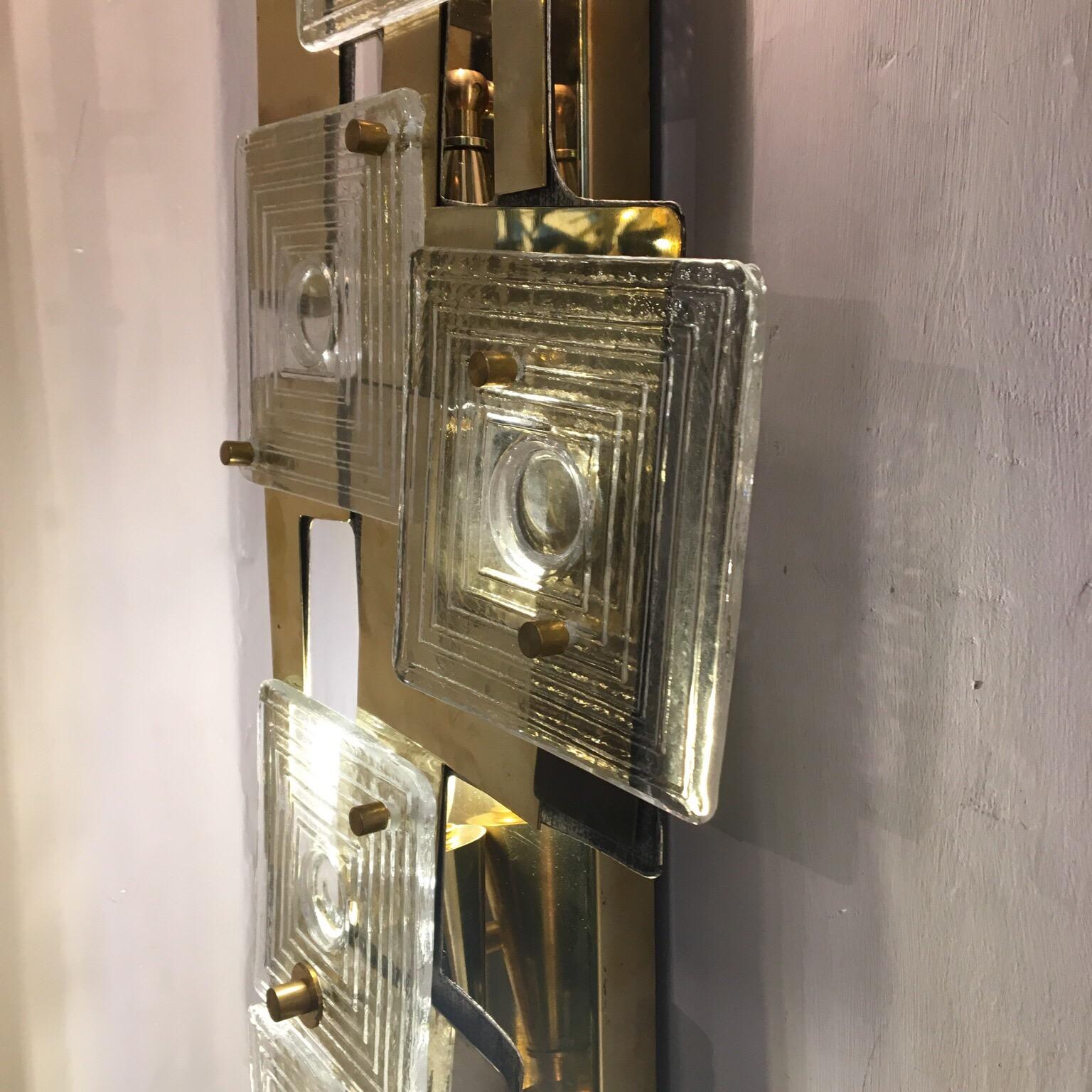 Italian Murano Clear Glass and Brass Tall Wall Sconces, 1980s 5
