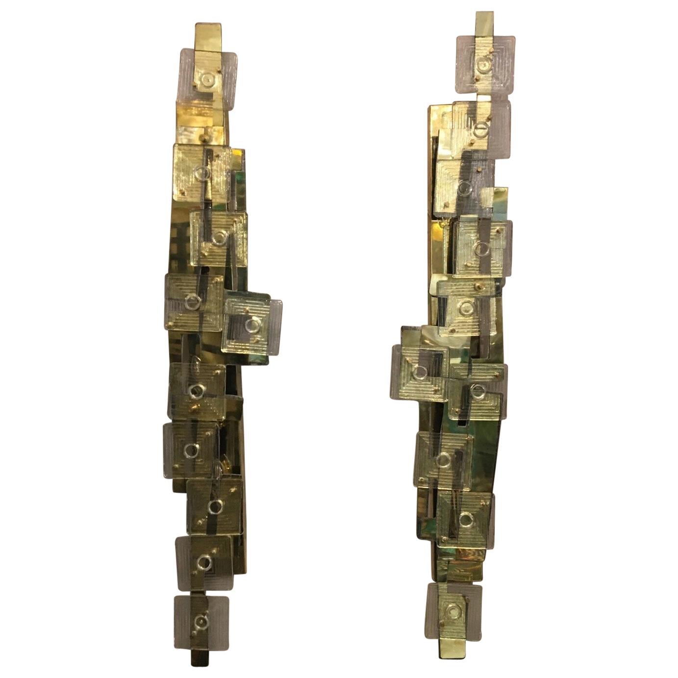 Italian Murano Clear Glass and Brass Tall Wall Sconces, 1980s