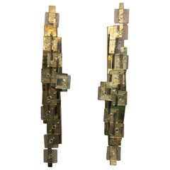 Italian Murano Clear Glass and Brass Tall Wall Sconces, 1980s
