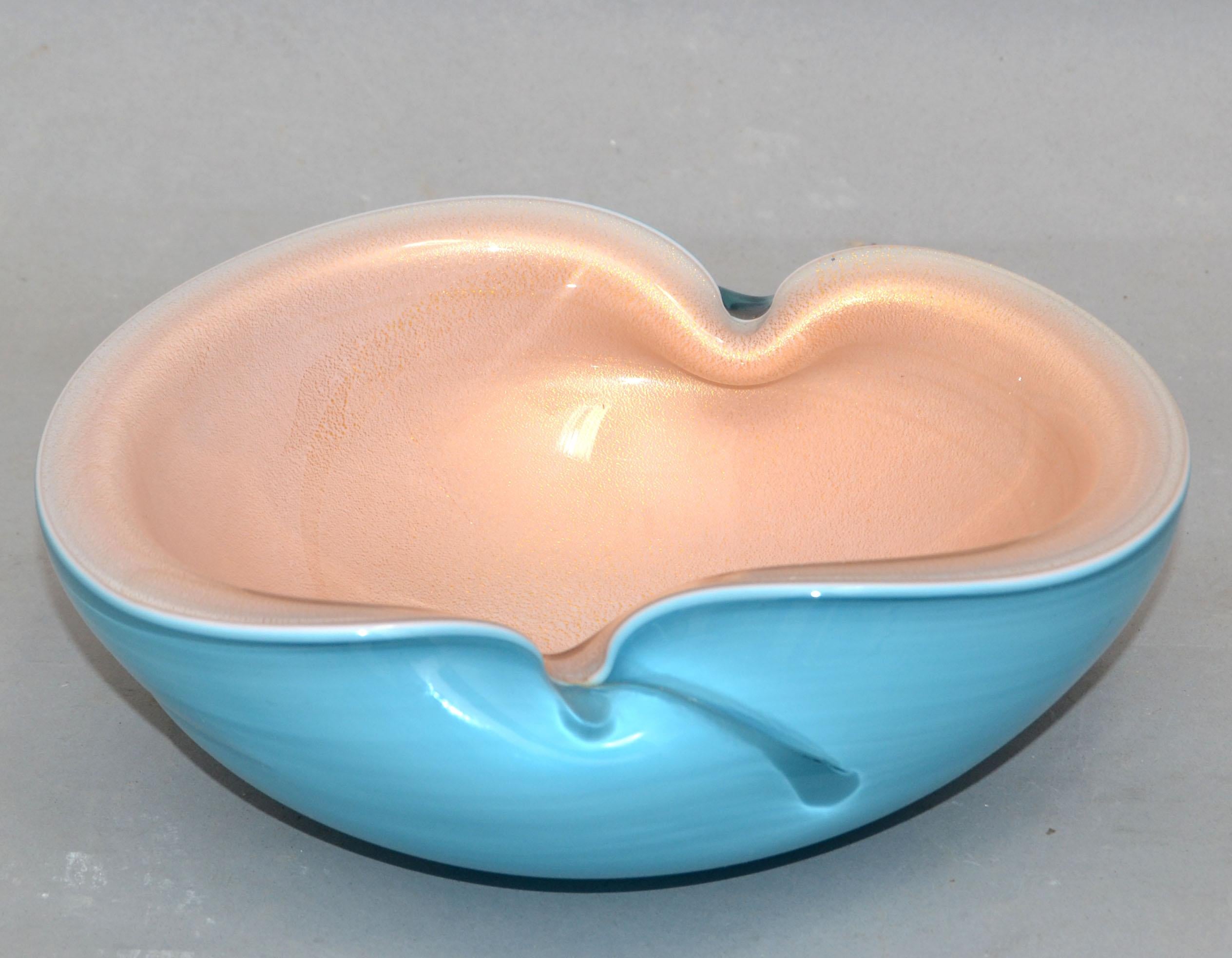Italian Murano Clear Turquoise Blue & Light Peach Blown Art Glass Bowl, 1960 For Sale 5