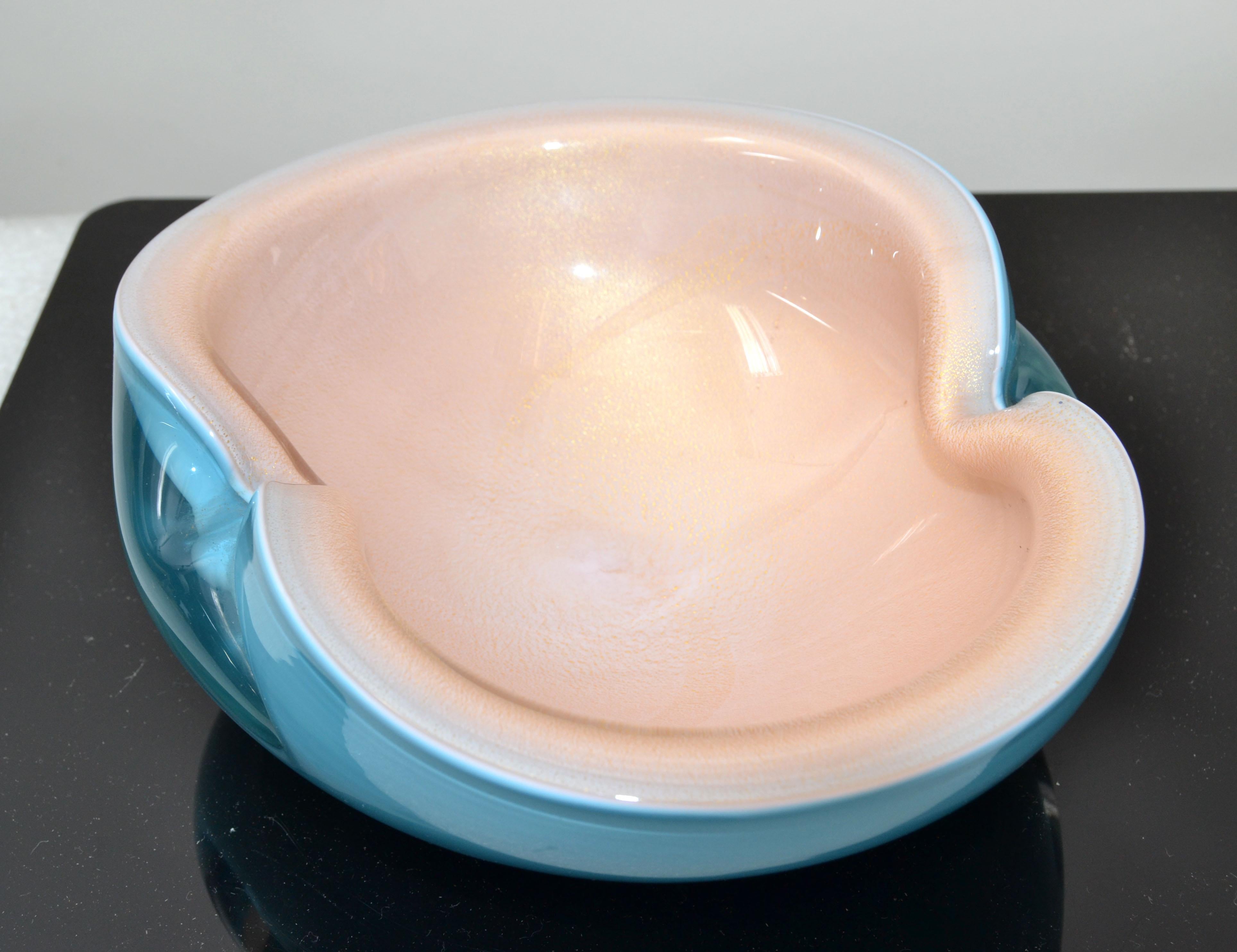 Hand-Crafted Italian Murano Clear Turquoise Blue & Light Peach Blown Art Glass Bowl, 1960 For Sale