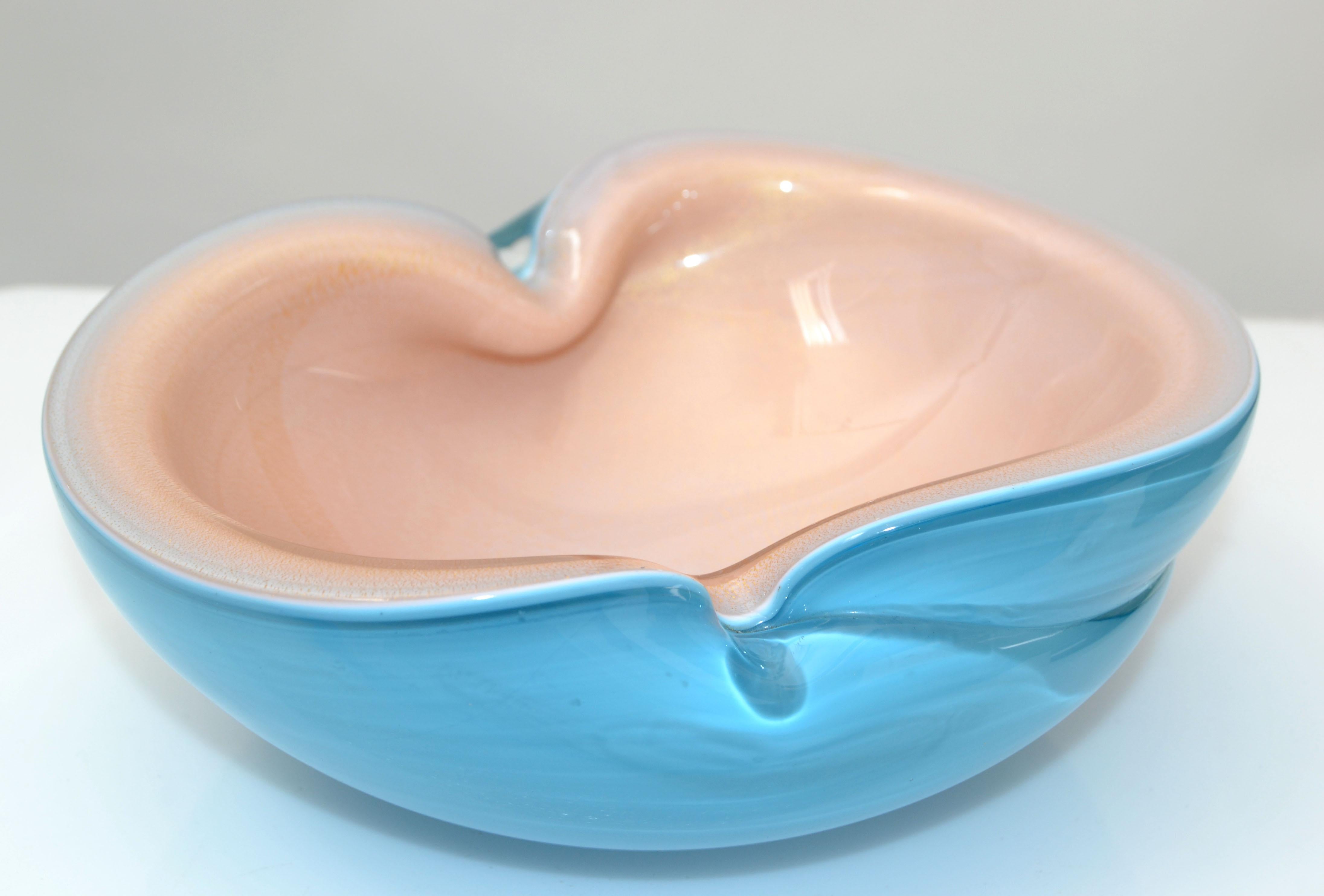 Italian Murano Clear Turquoise Blue & Light Peach Blown Art Glass Bowl, 1960 For Sale 1