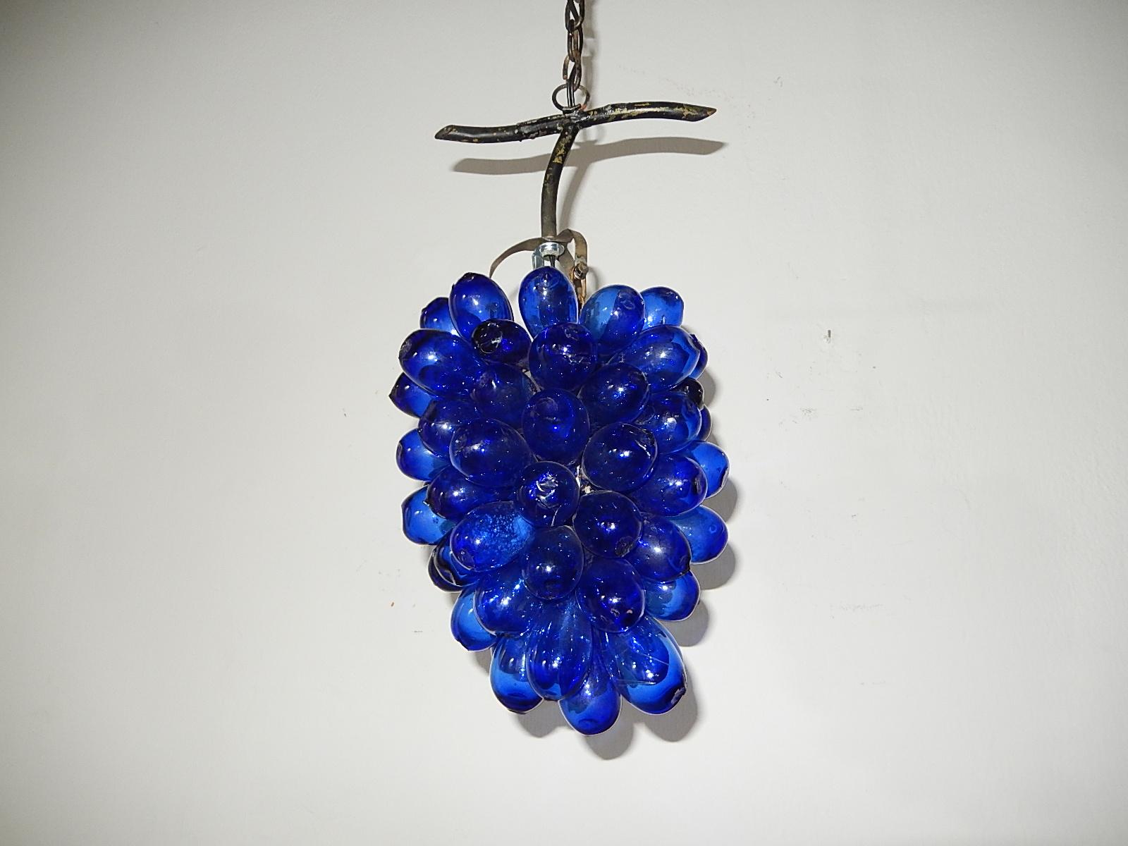 Mid-20th Century Italian Murano Cobalt Mouth Blown Drops Grape Cluster Chandelier