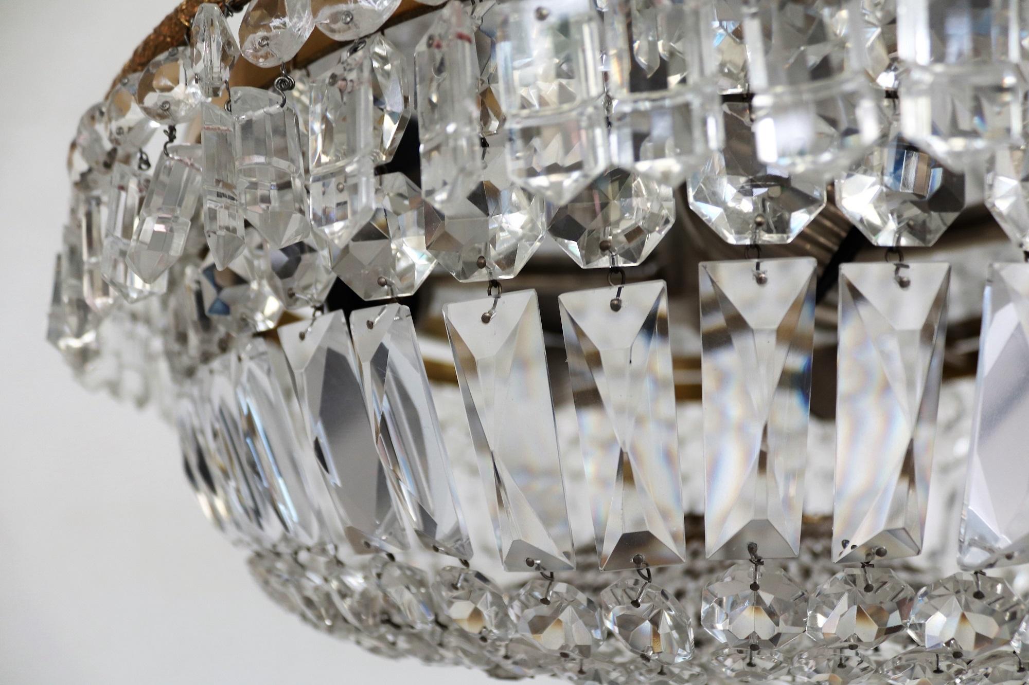 on hold for Gregory: Italian Murano Crystal Brass Flush Mount Chandelier, 1950s  7