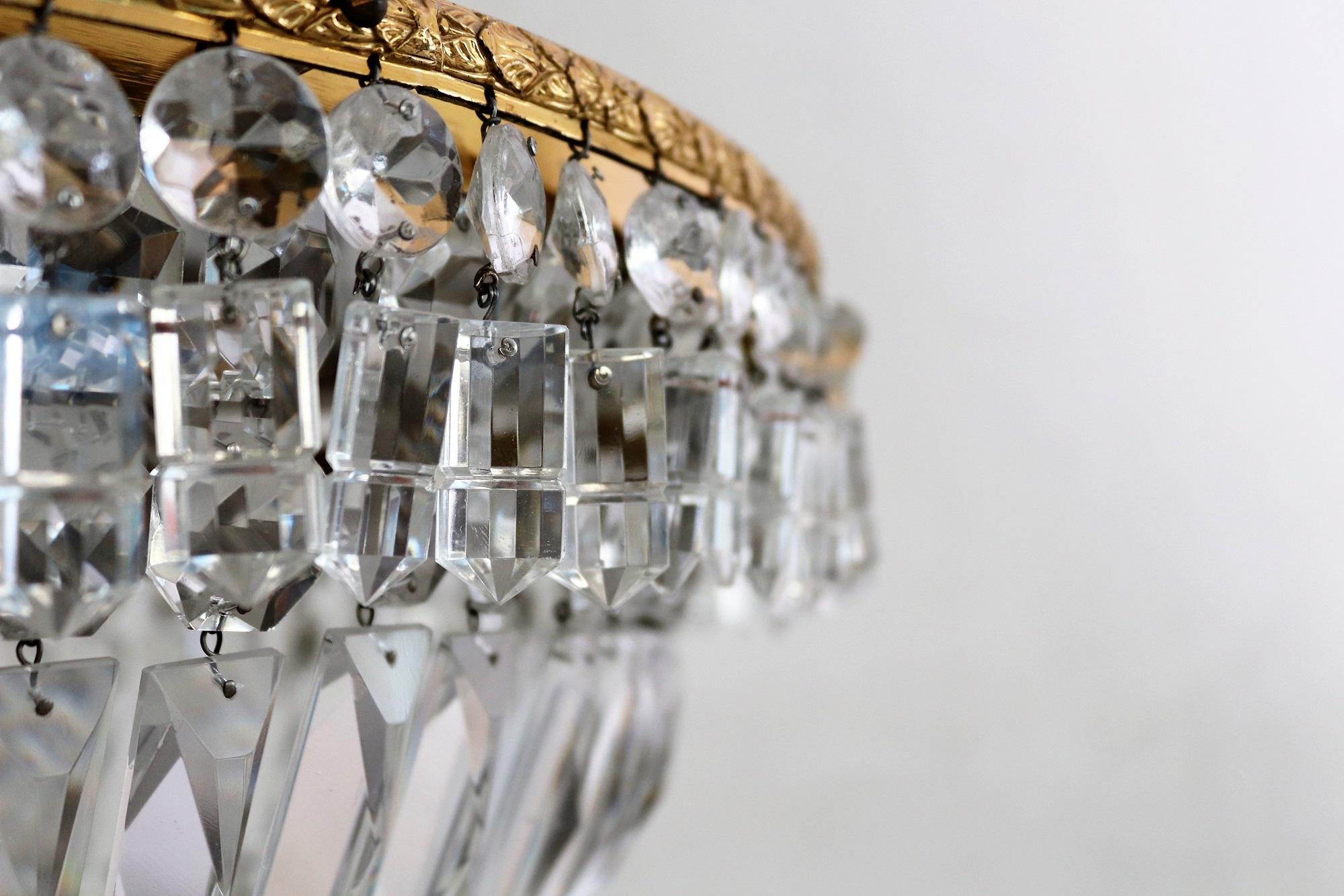 on hold for Gregory: Italian Murano Crystal Brass Flush Mount Chandelier, 1950s  In Good Condition In Morazzone, Varese